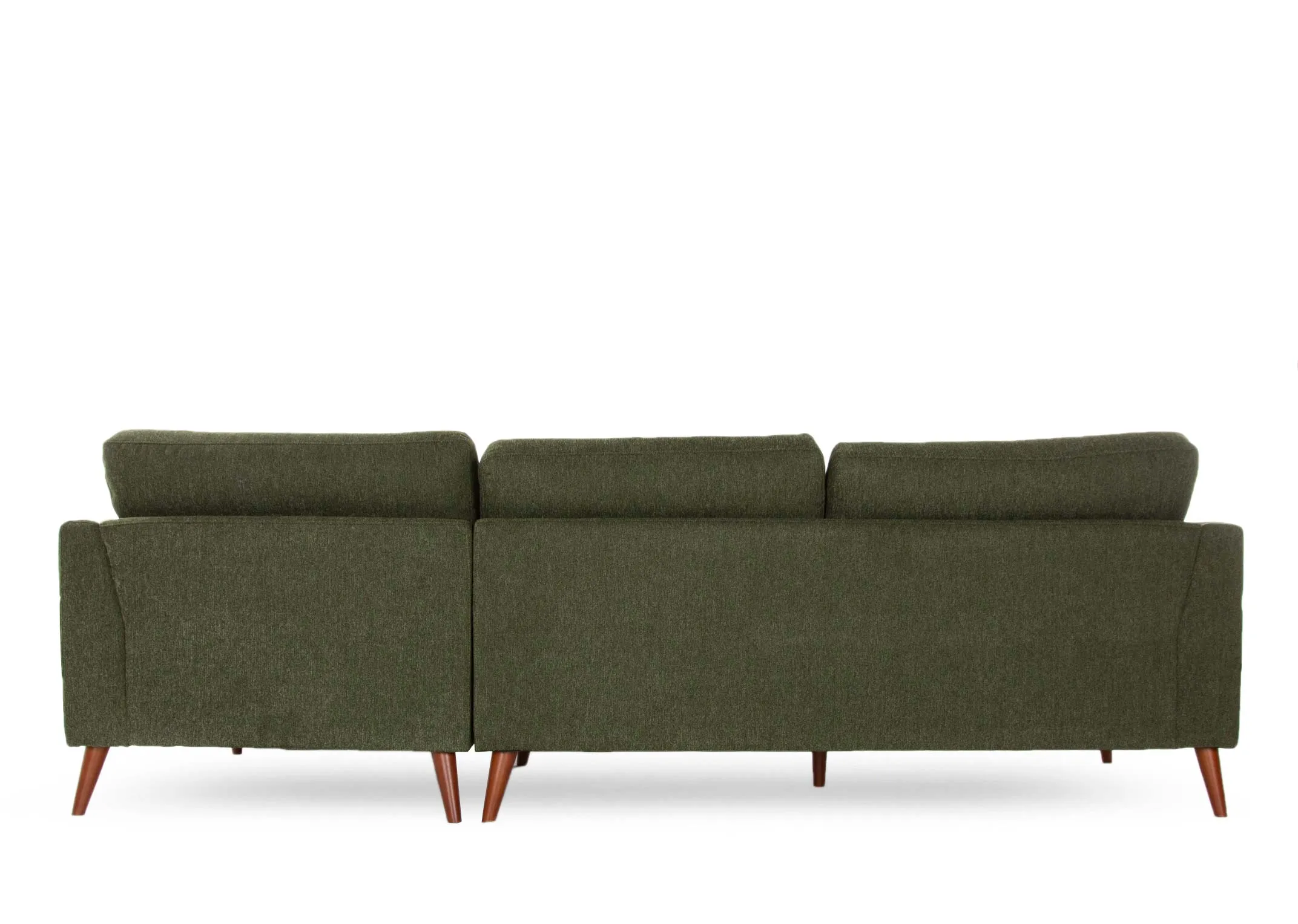 A green fabric right hand corner chaise with wood feet from EZ Living Furniture's Presley range. Back view of warrantied fra