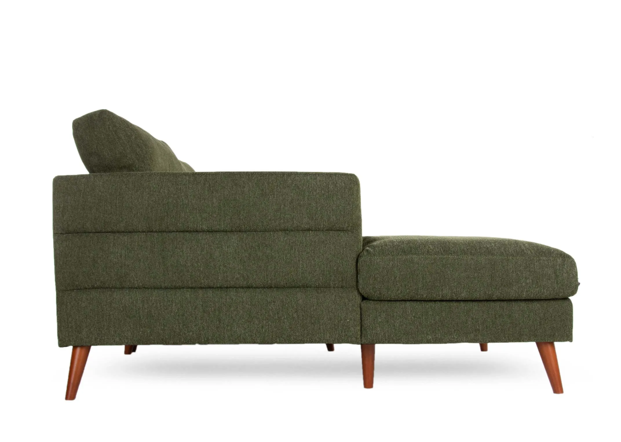 A green fabric left hand corner chaise with wood feet from EZ Living Furniture's Presley range. Side view of seam detail