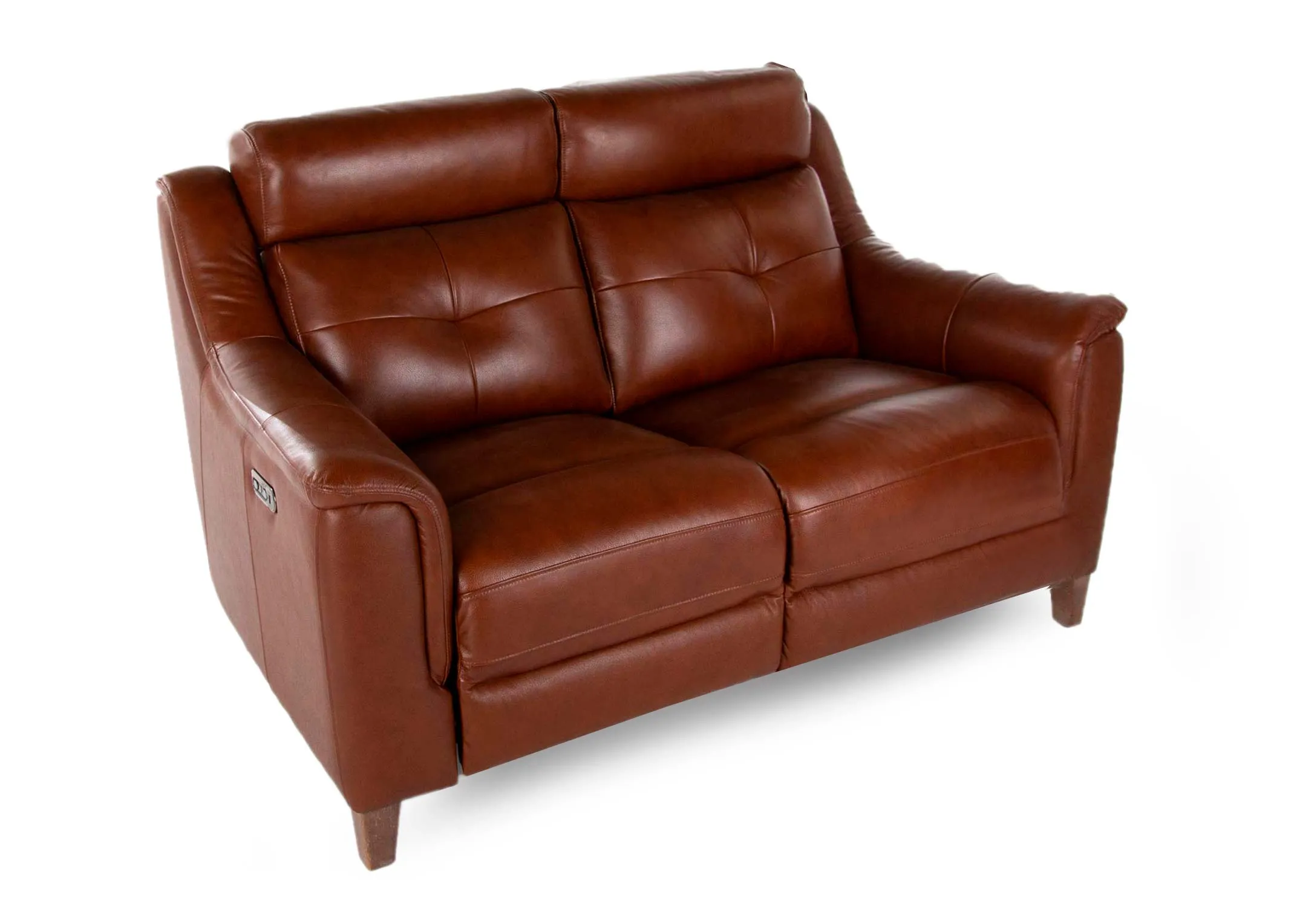 A 2 Seater butterscotch leather sofa from EZ Living Furniture's Vantage range. Angled view of sofa fixed with head cushions