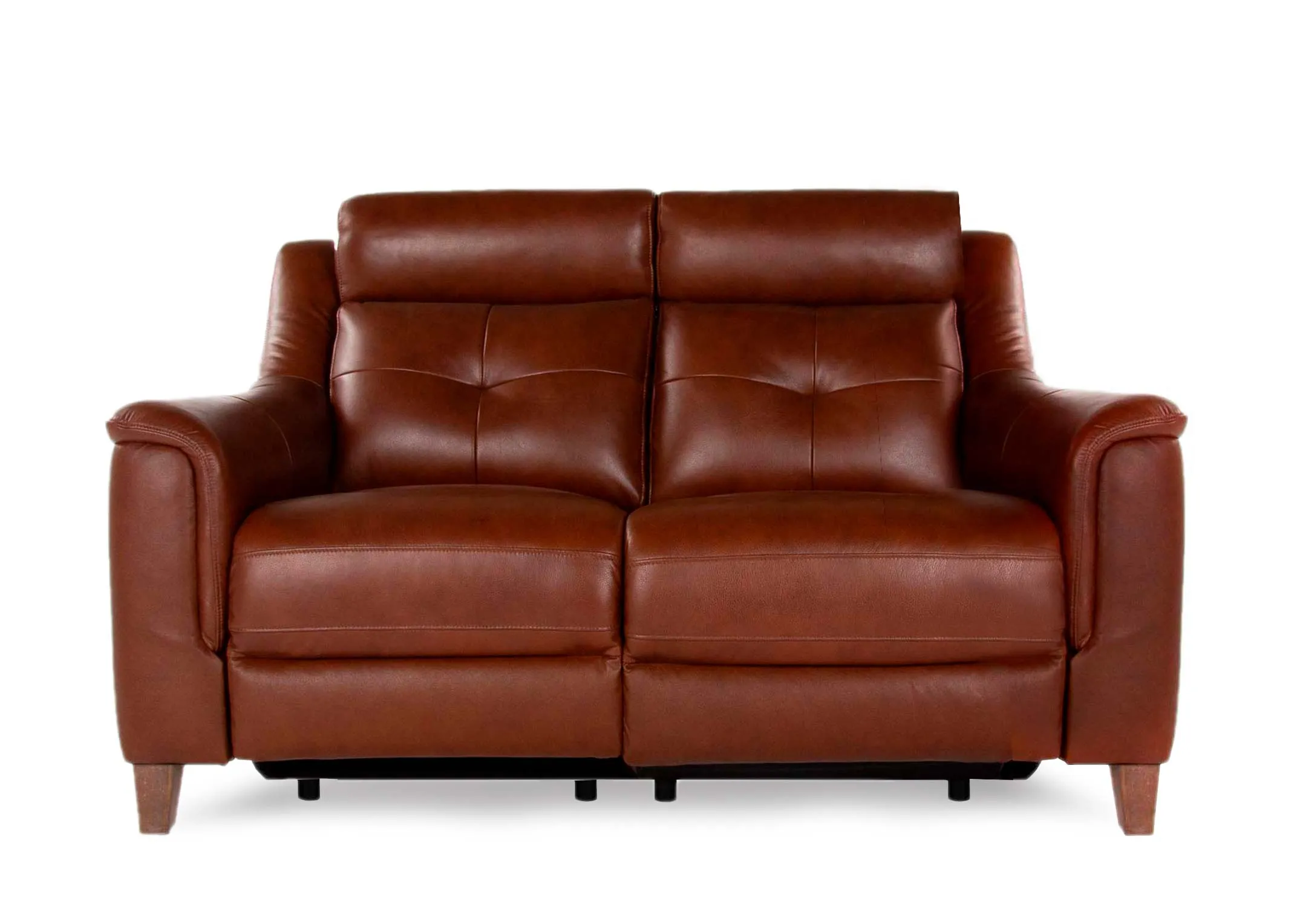 A 2 Seater butterscotch leather sofa from EZ Living Furniture's Vantage range. Front view of tufted back cushions
