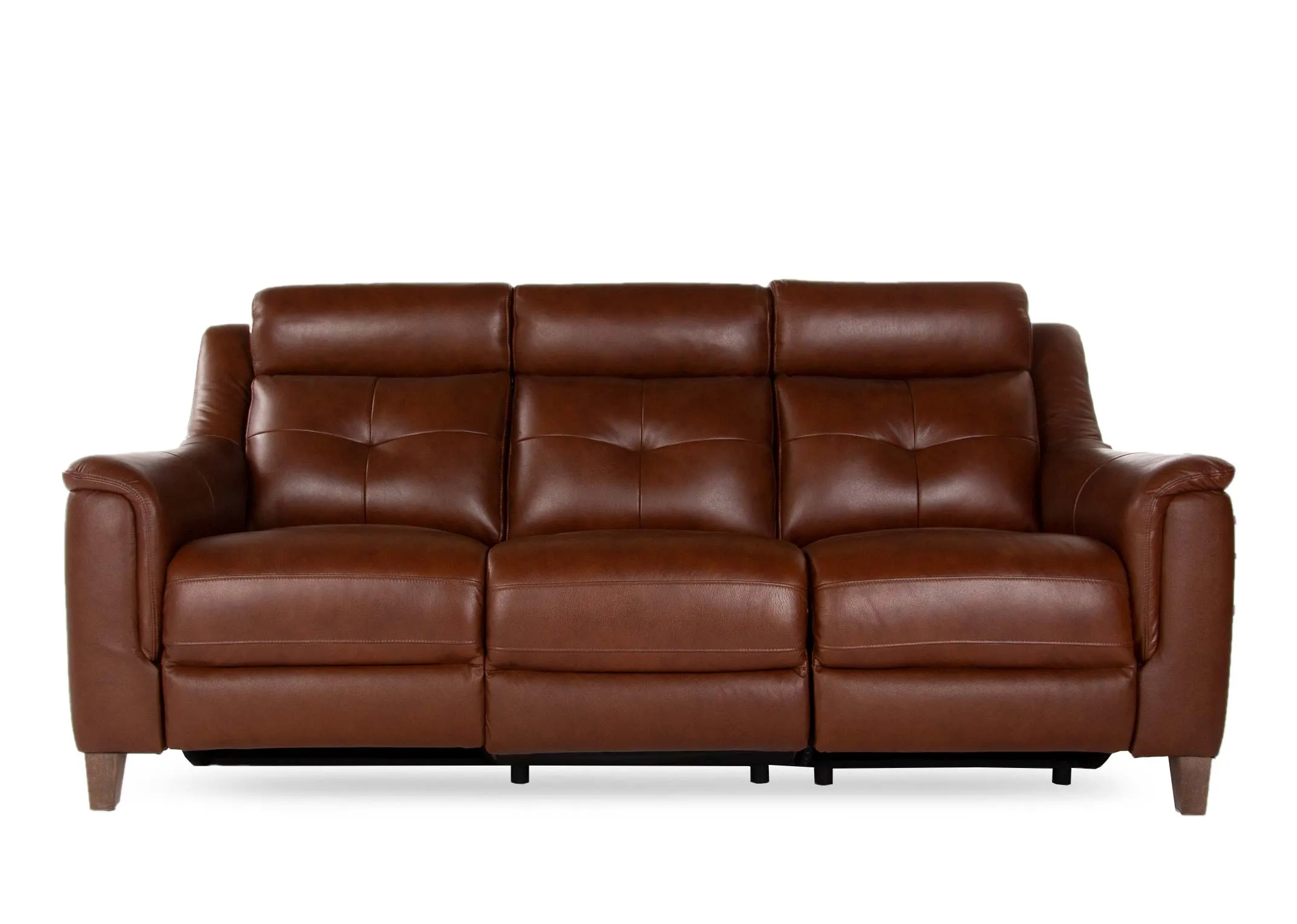 A 3 Seater butterscotch leather sofa from EZ Living Furniture's Vantage range. Front view of head cushions