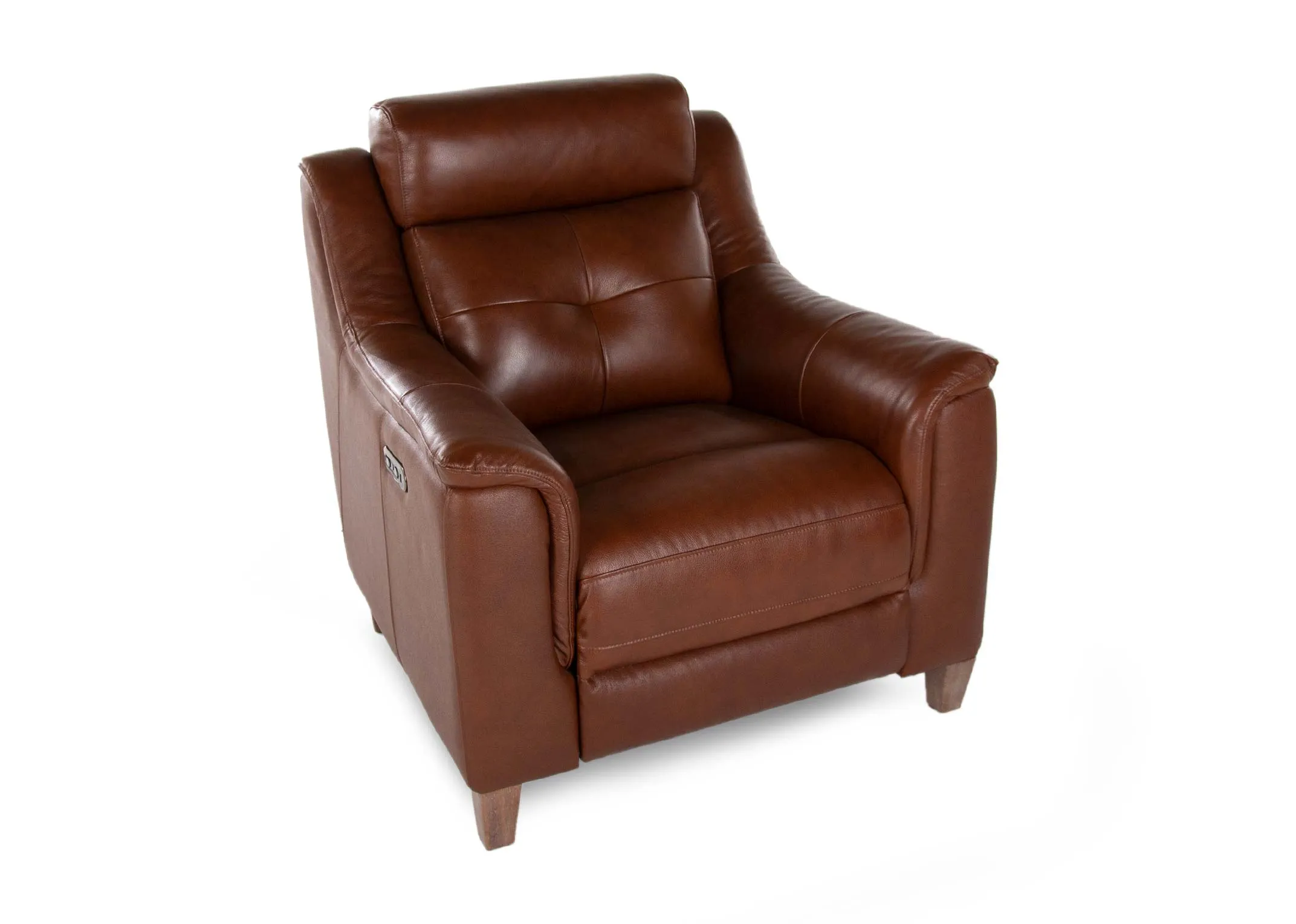 A butterscotch leather recliner from EZ Living Furniture's Vantage range. Angled view of high cushions