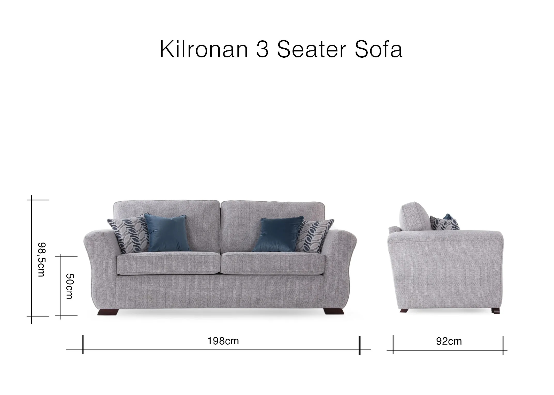 A dimension image of the Kilronan 3 Seater Sofa with 198cm (Width) x 92cm (Depth) x 98cm (Height)
