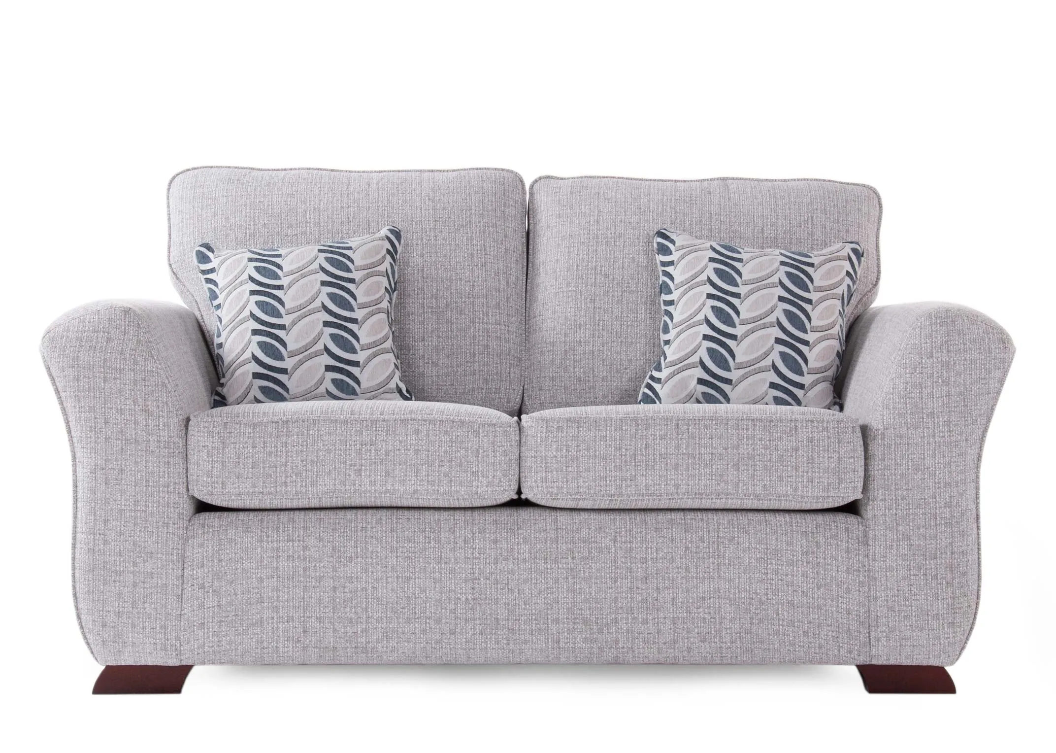 A grey fabric 3 seater sofa with 2 scatter cushions from EZ Living Furniture's Kilronan range. Front view of dark feet