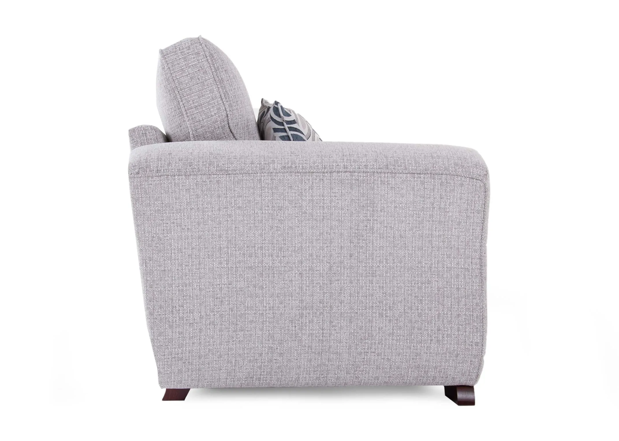 A grey fabric 3 seater sofa with 2 scatter cushions from EZ Living Furniture's Kilronan range.Side view of high arms