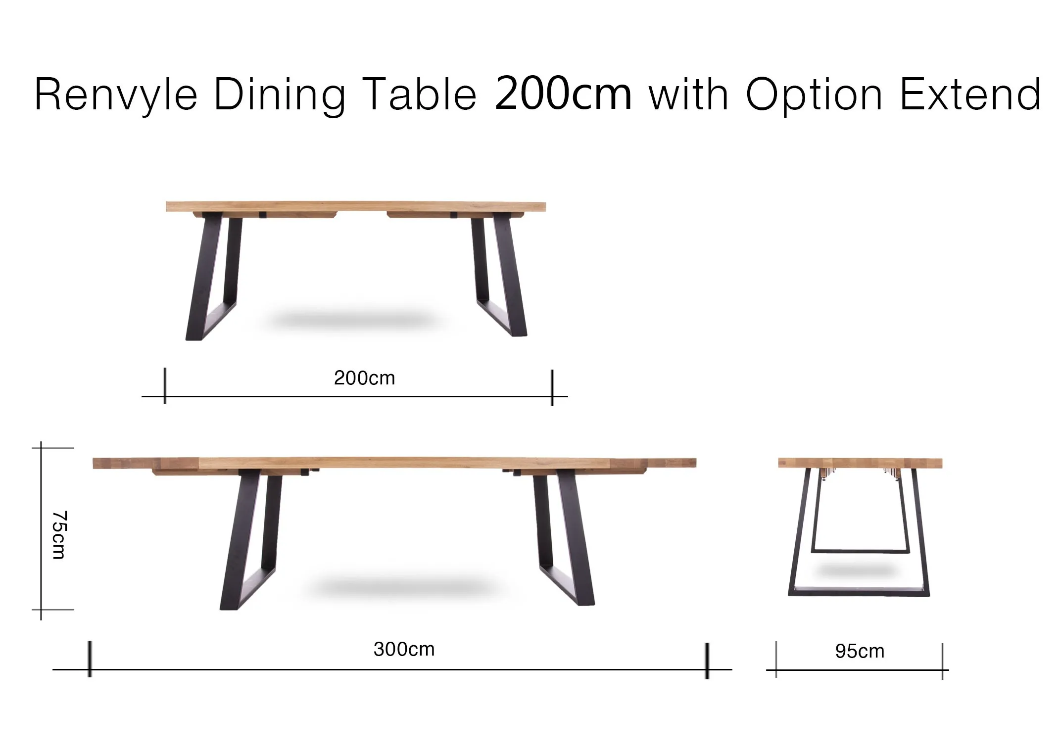 A dimension image of the Renvyle Large Dining Table with 200cm (Width) x 96cm (Depth) x 76cm (Height)