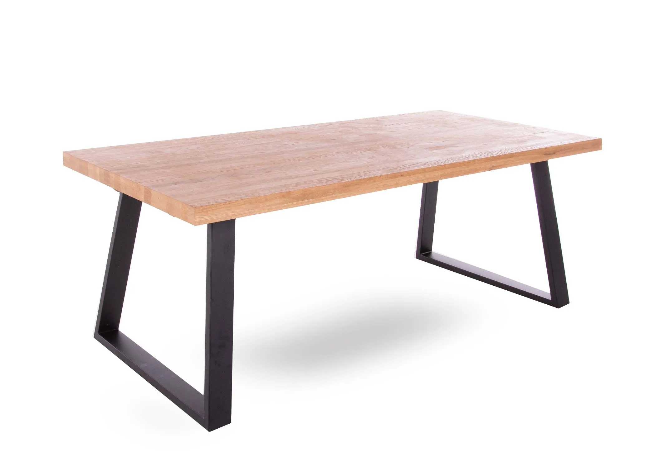 A 200cm oak dining table with metal legs from EZ Living Furniture's Renvyle range. Angled view of table unextended.