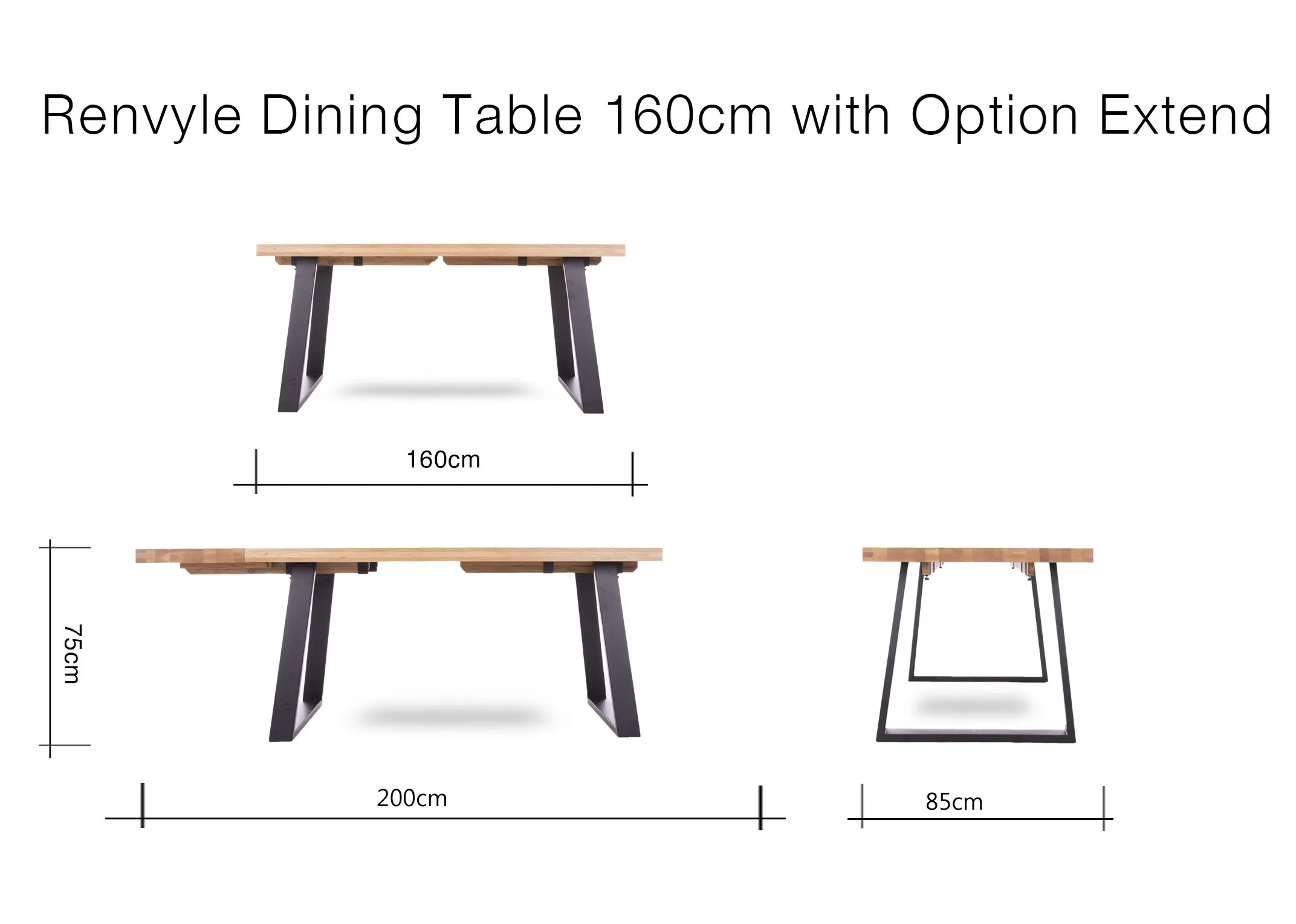 A dimension image of the Renvyle Table with 160cm (Width) x 85cm (Depth) x 75cm (Height)