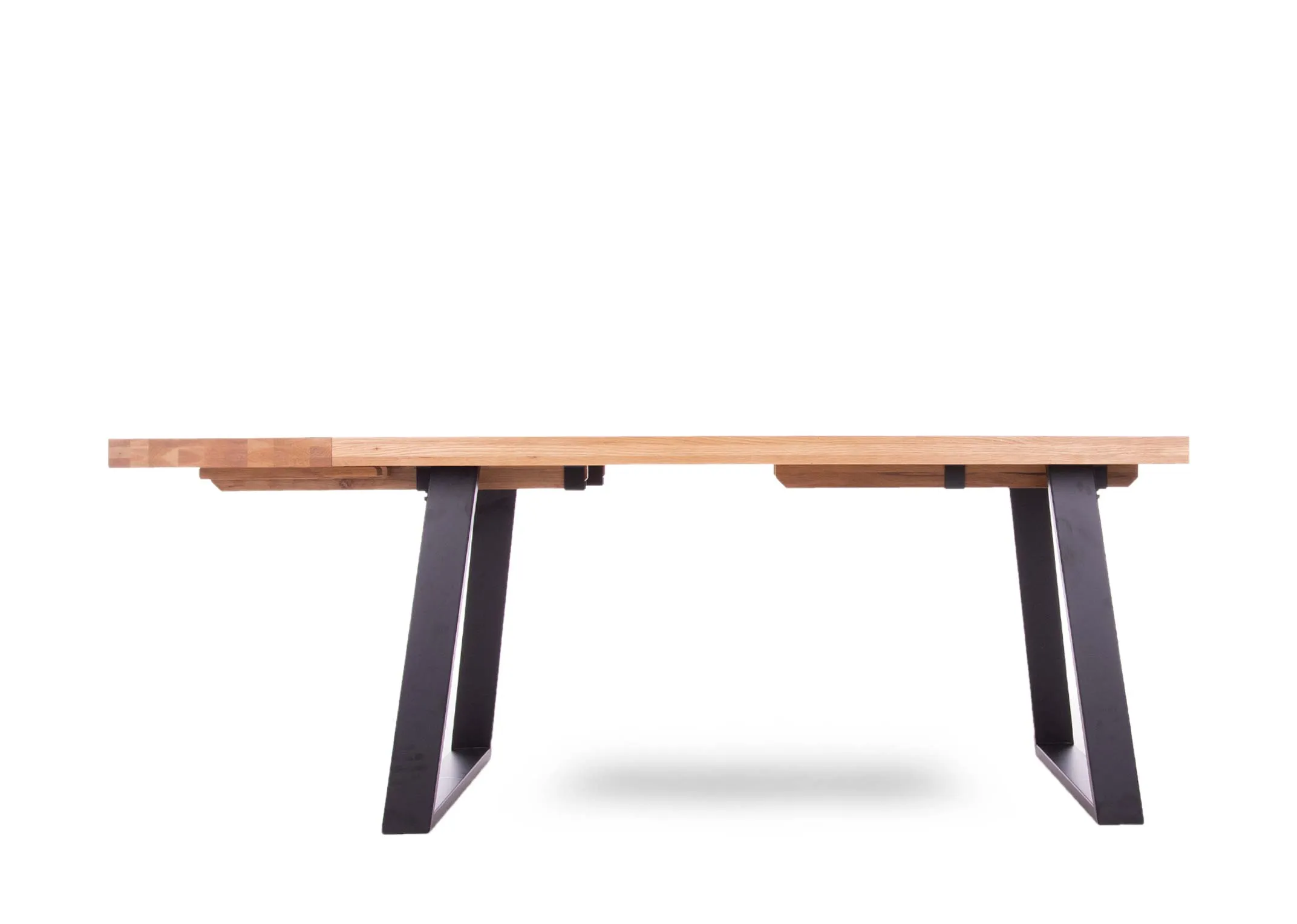 A 160cm oak dining table with metal legs from EZ Living Furniture's Renvyle range. Front view of the extended option.