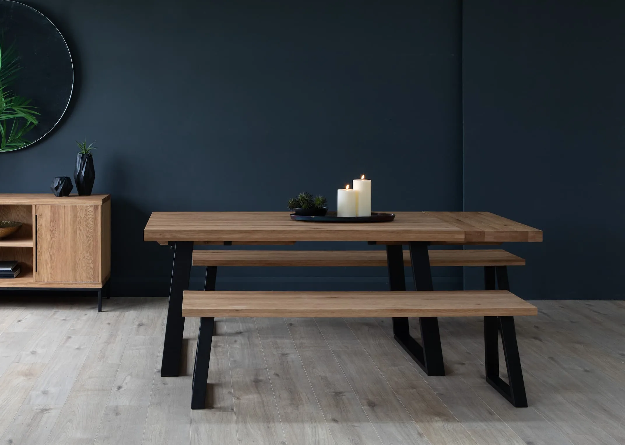 A lifestyle image of the Renvyle Dining Table with extender & sideboard