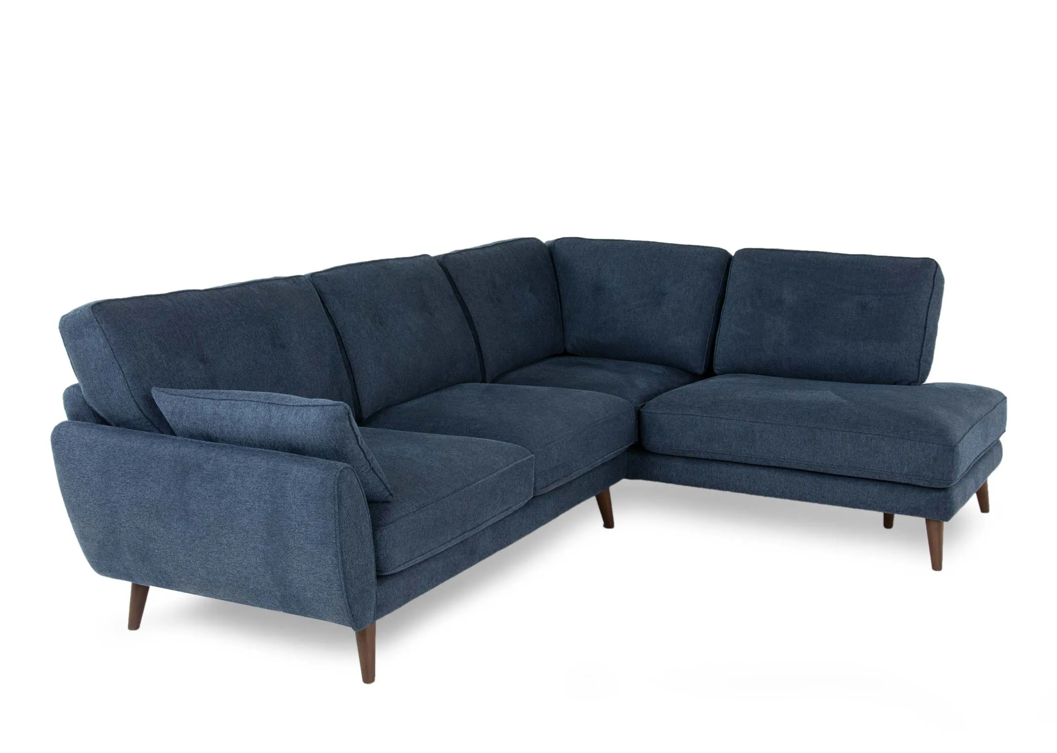 A navy 3 seater fabric chaise from EZ Living Furniture's Caoimhe range. Angled view of back button detail & soft fabric.