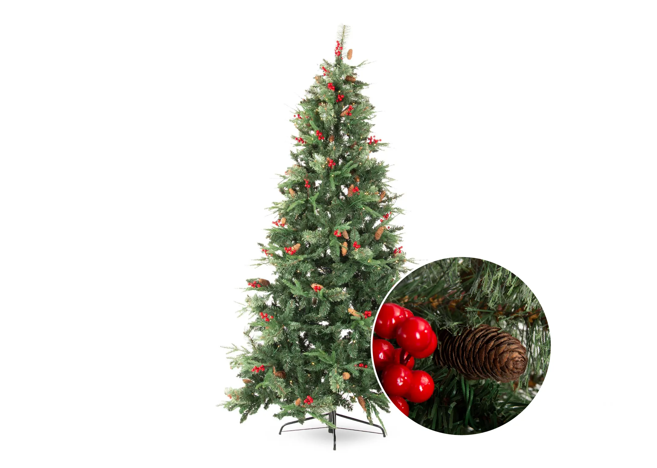 A lifetsyle image of the VERMONT BERRY tree with red baubles and the fabric reindeer raneg.