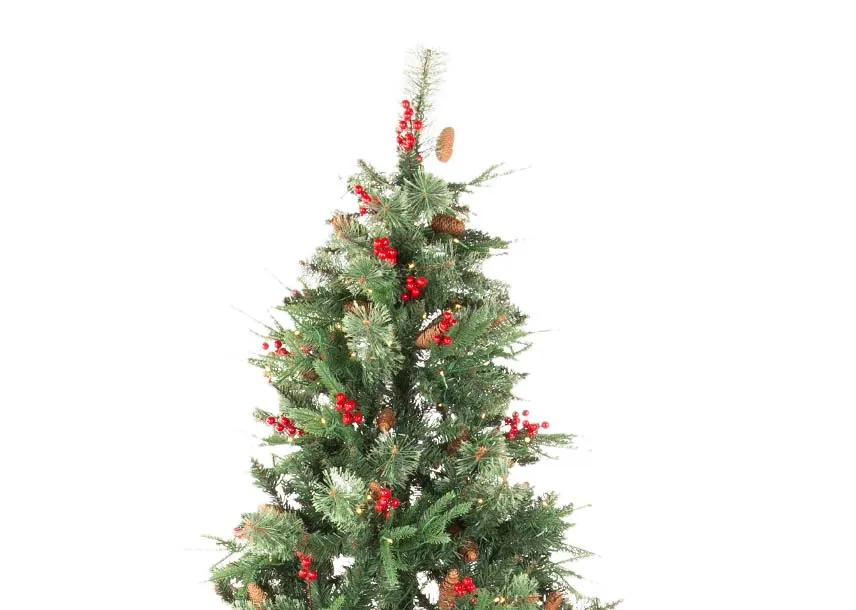 An LED lit berry & pine 7ft Christmas tree from EZ Living Furniture's Vermont range. Closeup of top of tree