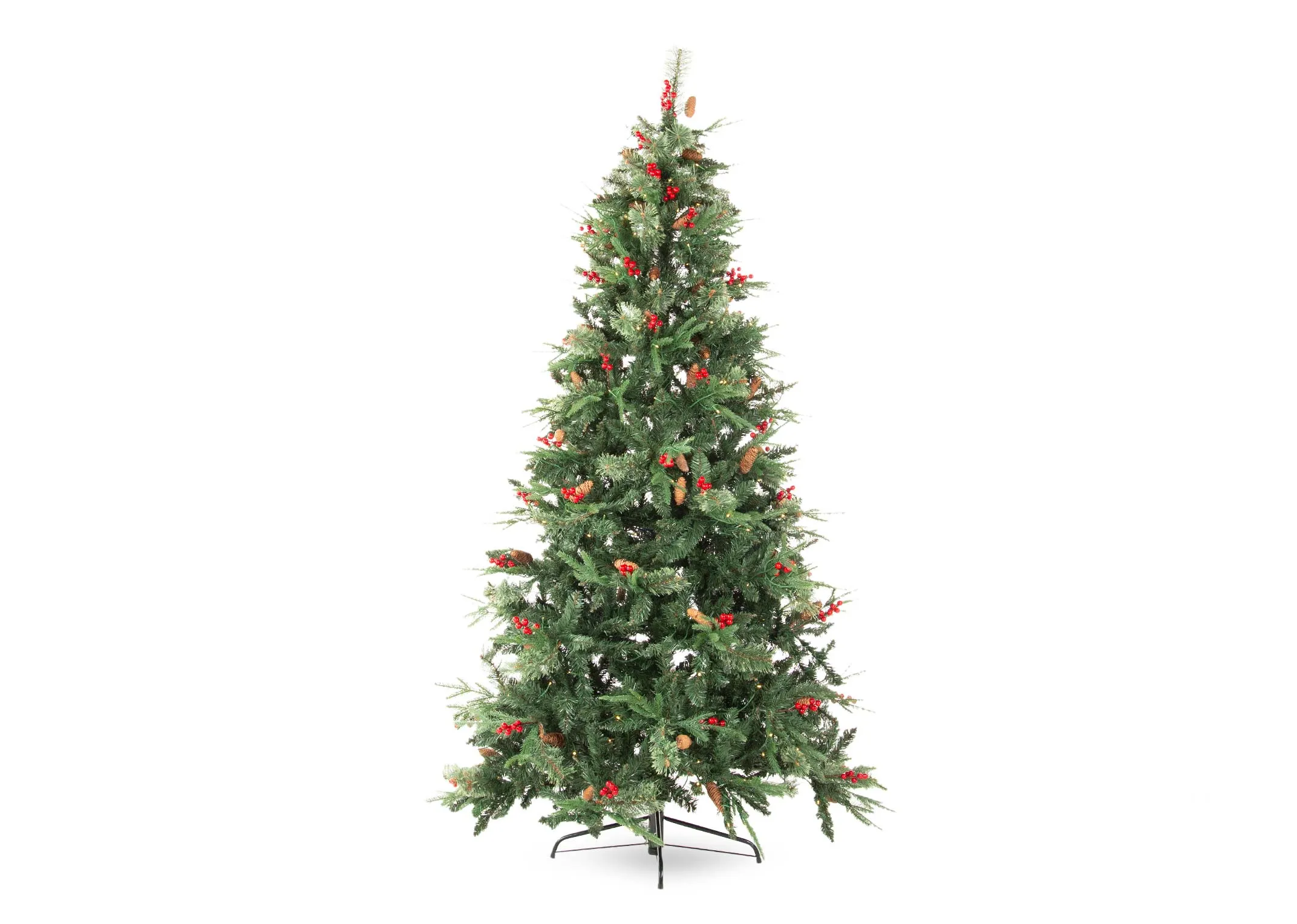 An LED lit berry & pine 8ft Christmas tree from EZ Living Furniture's Vermont range.Front view of tree