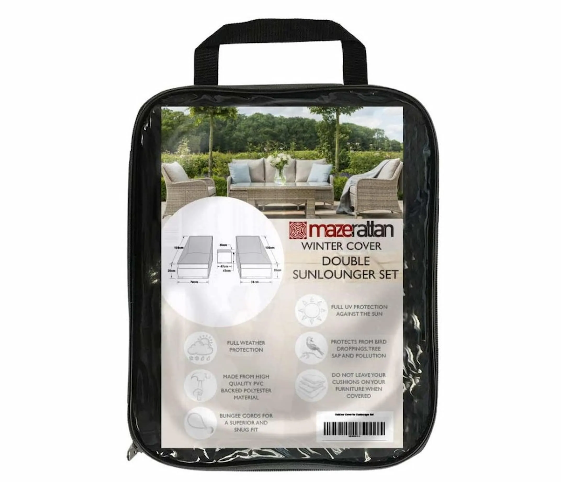 A sun lounger cover set for 2 loungers & a coffee table from EZ Living Furniture's Oxford range. View of packaging