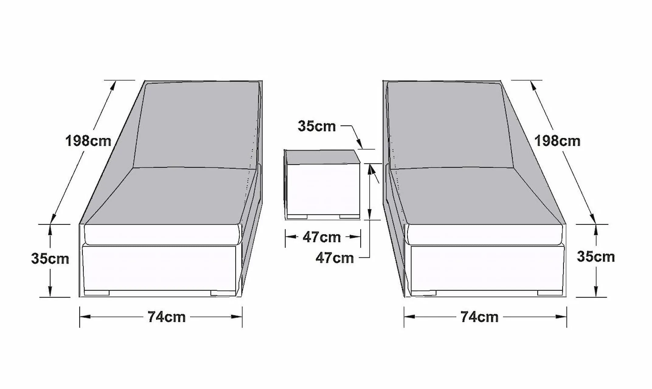 A dimension image of the Oxford Sun Lounger Set Covers with 74cm (width) x 35cm (height) x 195cm (Length)