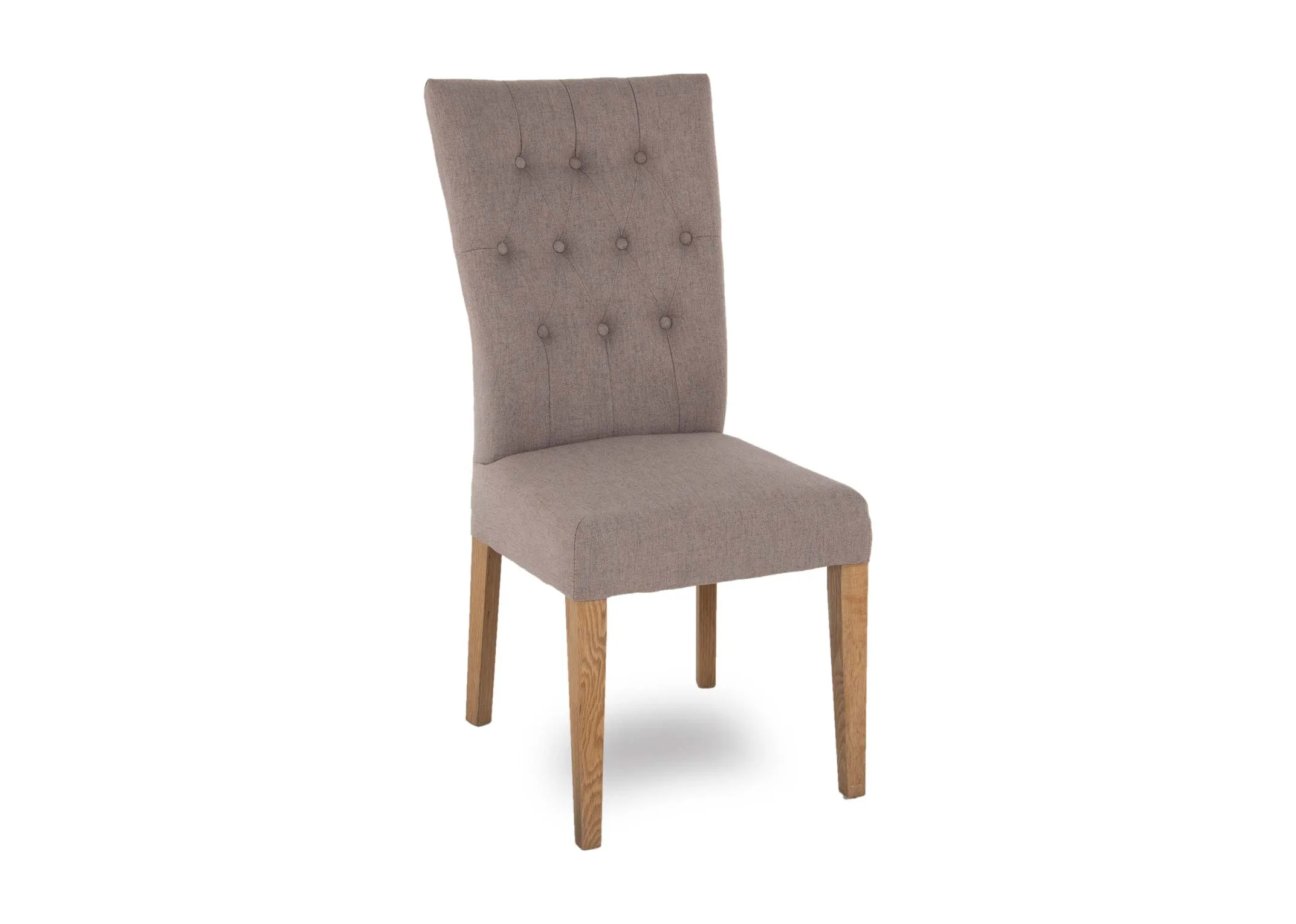 A grey fabric dining chair with oak legs from EZ Living Furniture's Andorra range. Angled view of button back detail.