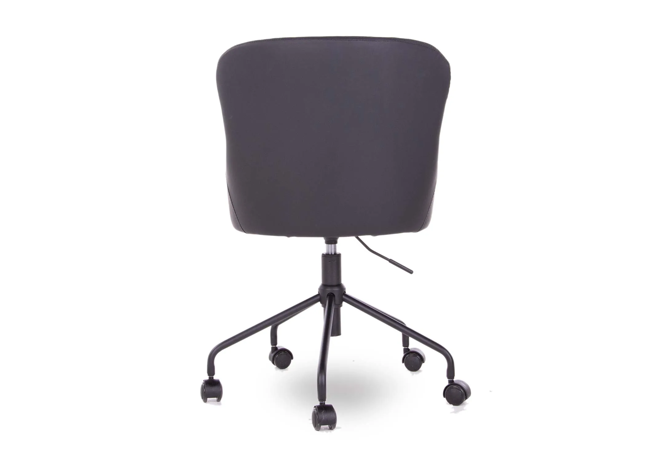 A black faux leather office chair with padded seat from EZ Living's Ottowa range. Back view of arched support