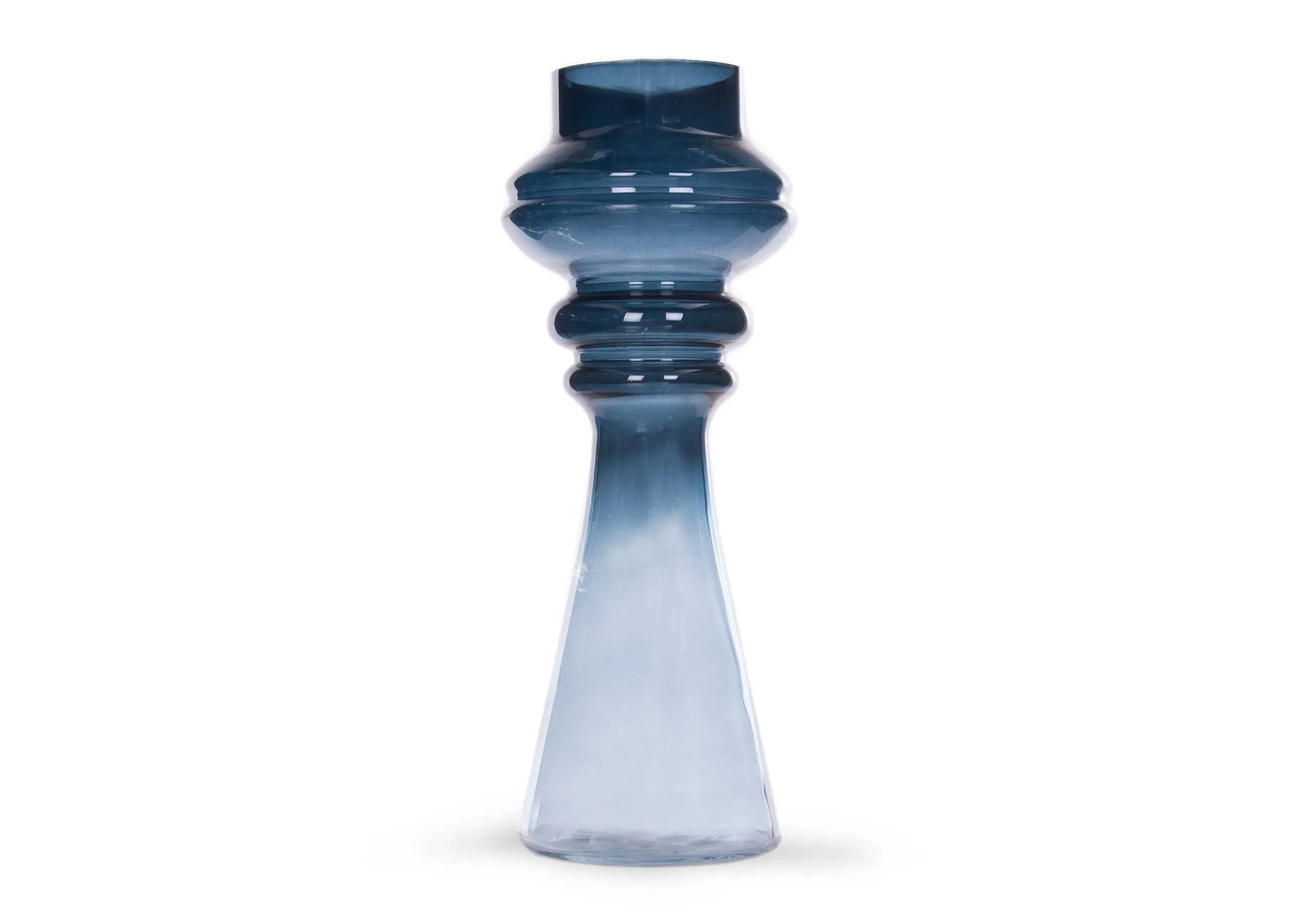 A blue glass vase with clear bottom from EZ Living Furniture's Lavon range. Front view of bottleneck design.