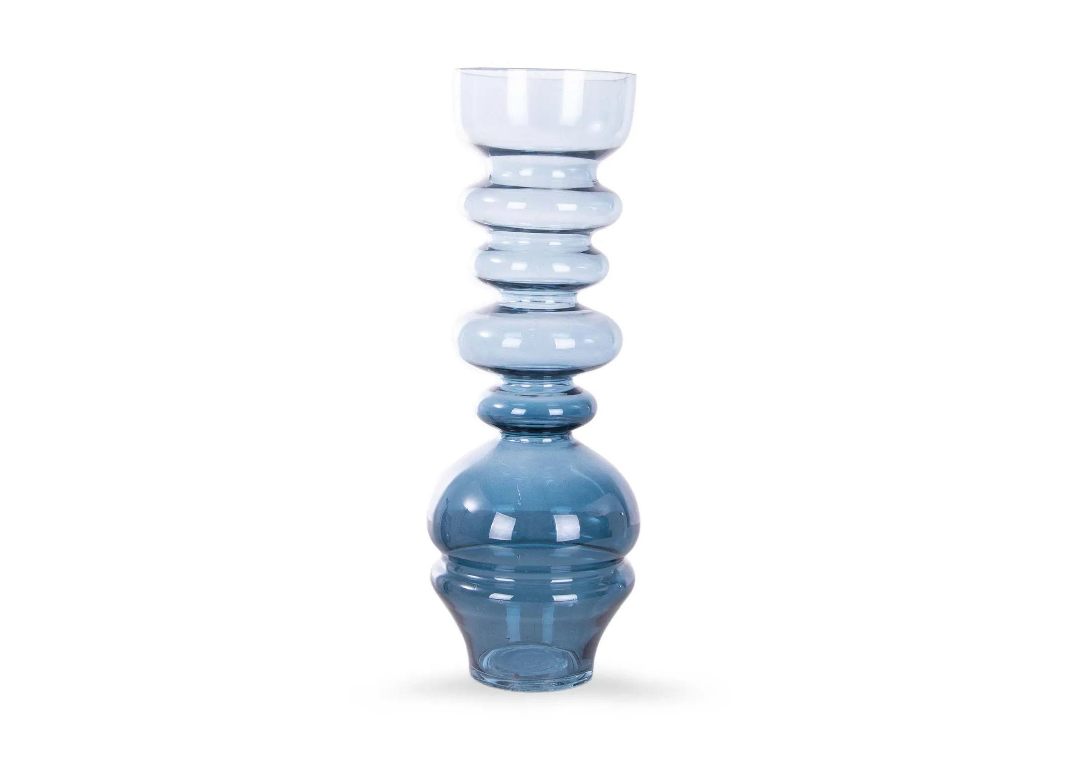A light blue abstract shaped glass vase from EZ Living Furniture's Levon range. Front view of tiered shape vase.