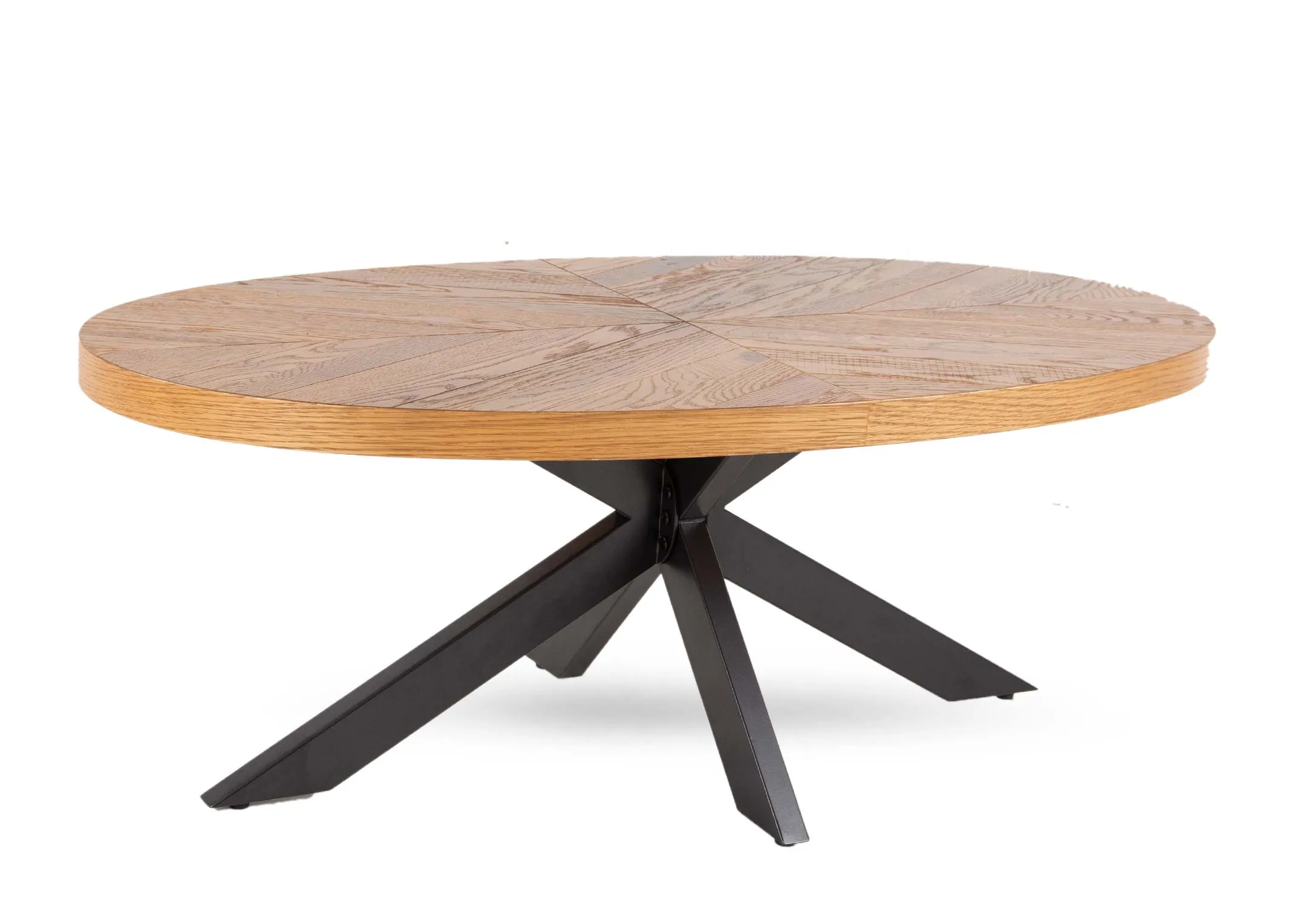 A rustic oak small oval coffee table from EZ Living Furniture's Ellipse range. Angled view of table