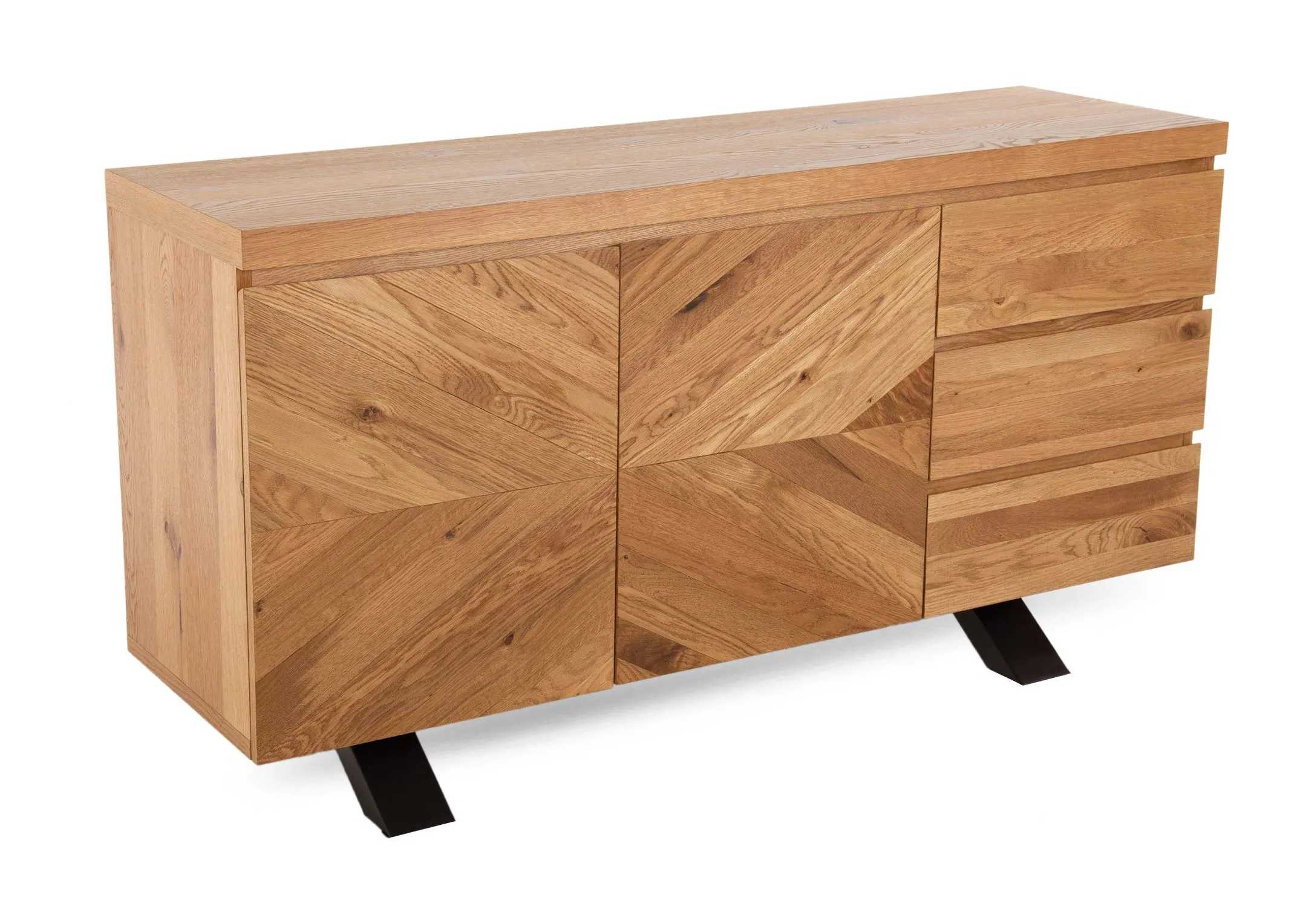 A rustic oak 2 door 3 drawer sideboard from EZ Living Furniture's Ellipse range. Angled view of textured doors & metal feet.