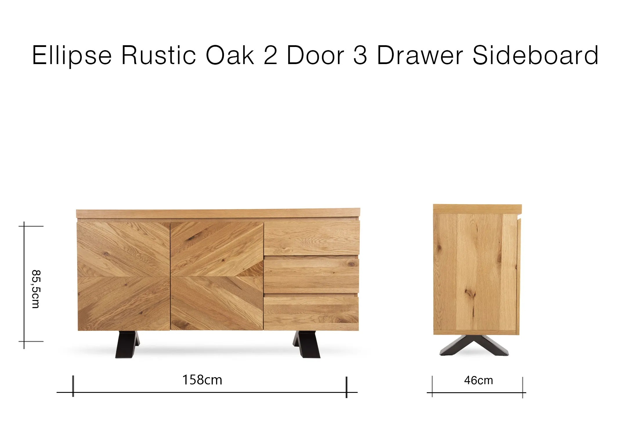A dimension image of the Ellipse Fumed Oak Sideboard with 158cm (Width) x 85.5cm (Height) x 46cm (Depth
