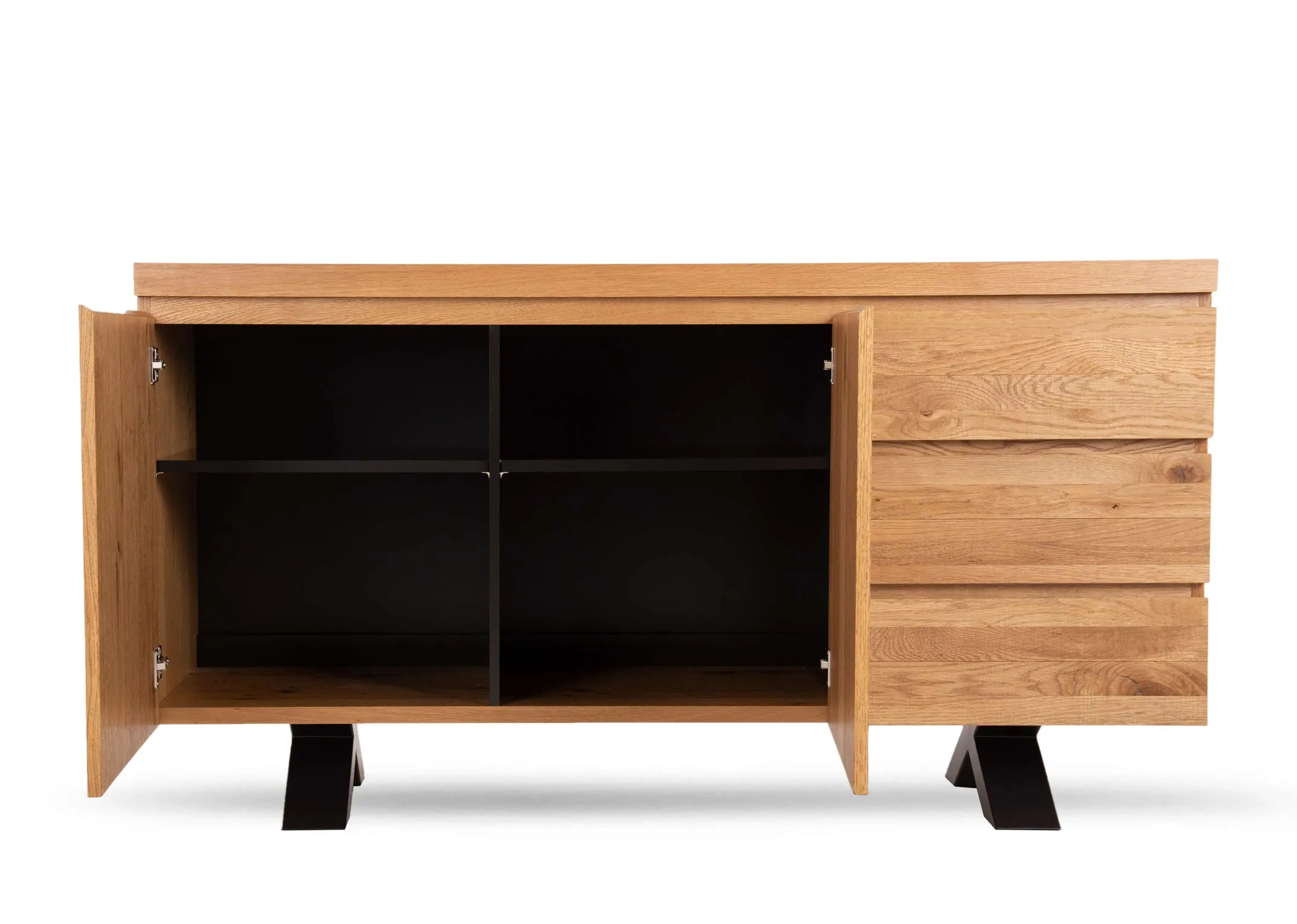 A rustic oak 2 door 3 drawer sideboard from EZ Living Furniture's Ellipse range. Front view of 2 doors open with black shelfs
