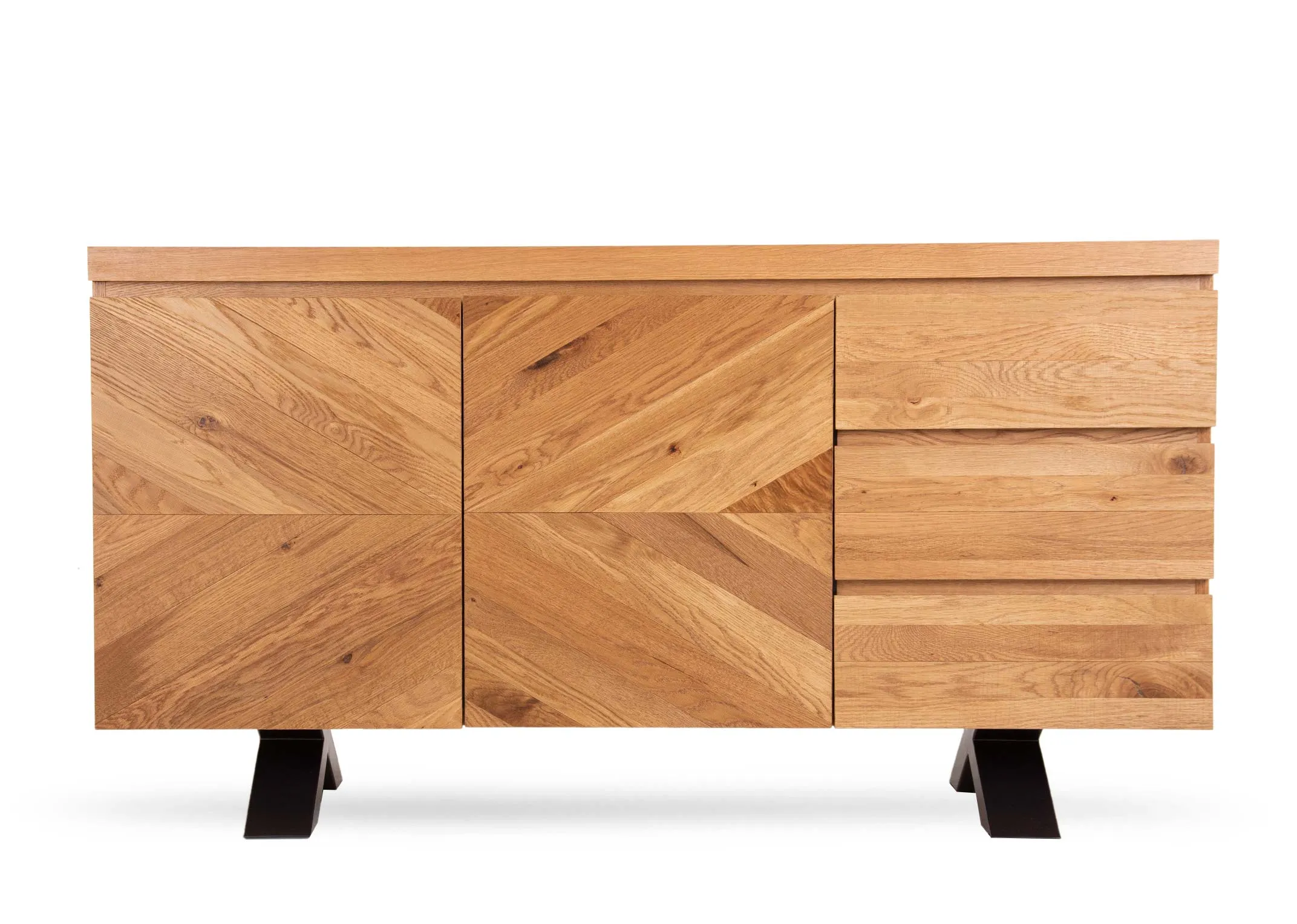 A rustic oak 2 door 3 drawer sideboard from EZ Living Furniture's Ellipse range. Front view of herringbone design doors