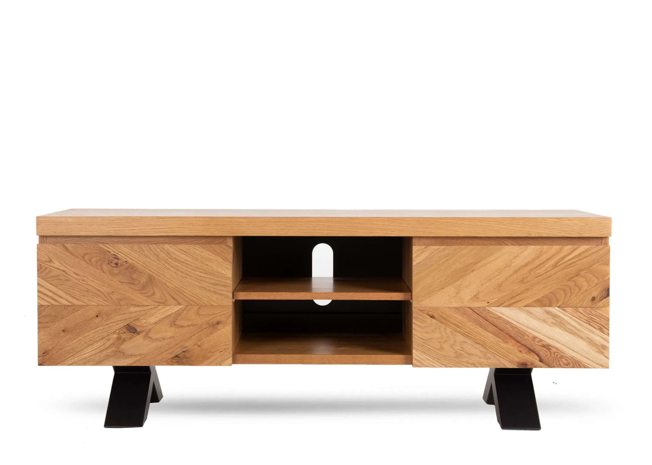 A rustic oak 2 door tv unit from EZ Living Furniture's Ellipse range. Front view of black legs & thick wood top