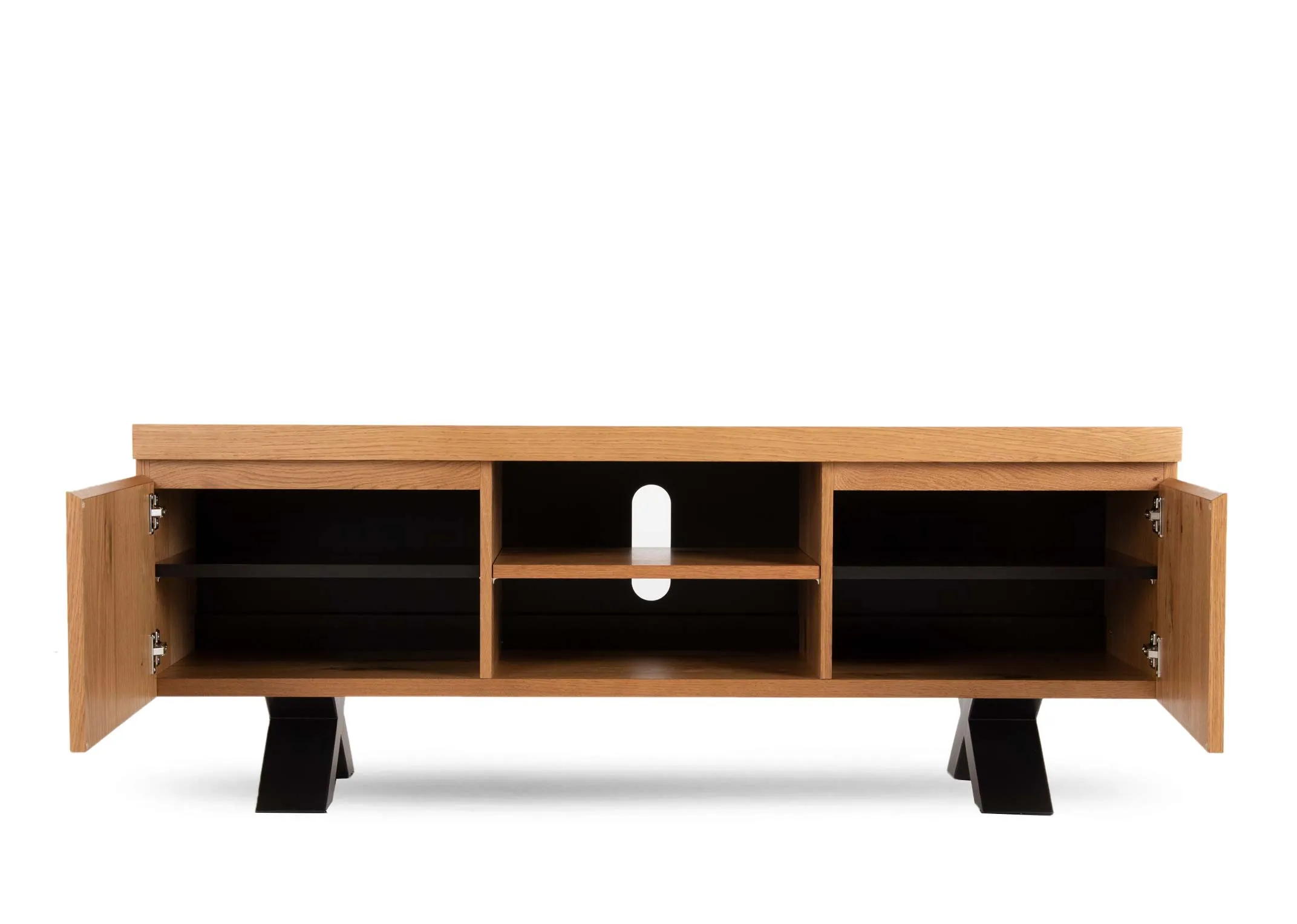 A rustic oak 2 door tv unit from EZ Living Furniture's Ellipse range. Front view of doors open shows hidden storage.