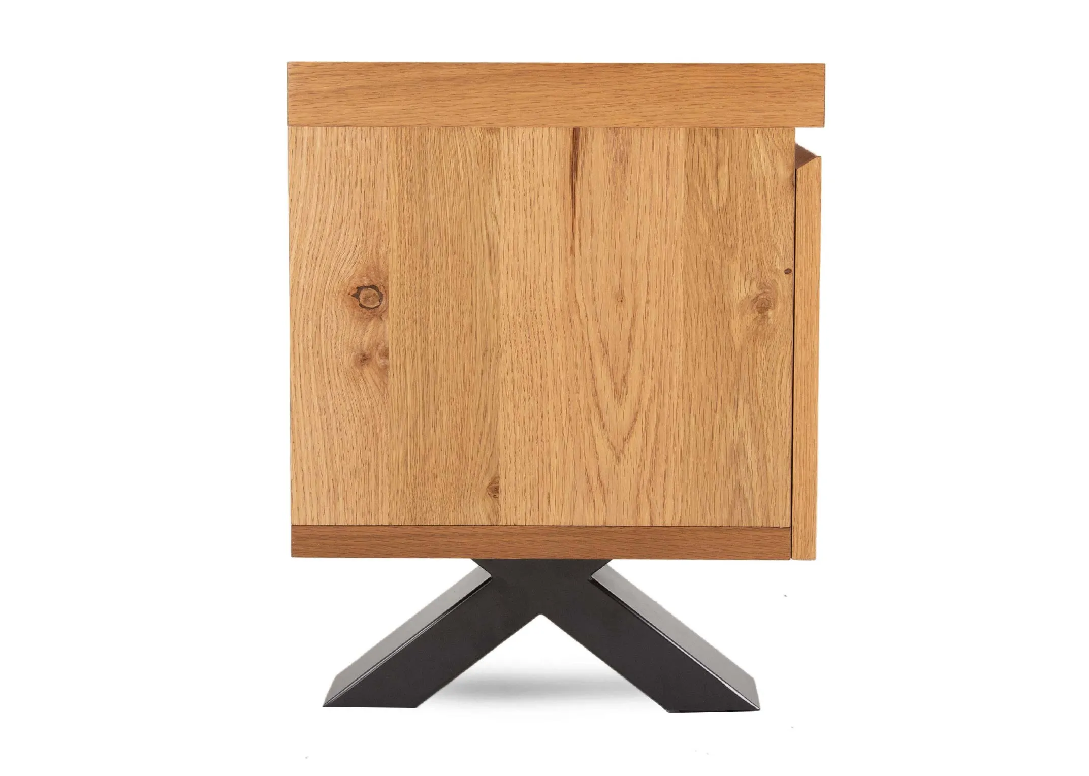 A rustic oak 2 door tv unit from EZ Living Furniture's Ellipse range. Side view of metal legs