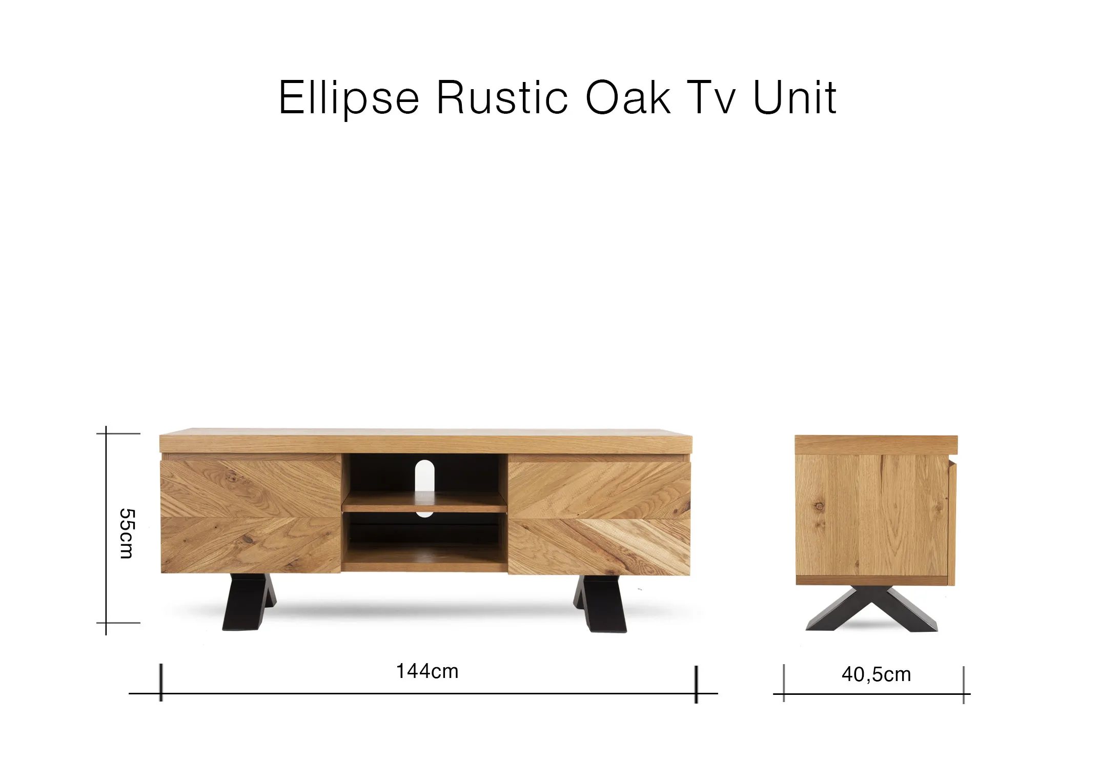 A dimension image of the Ellipse Rustic Oak TV Unit with 144cm (Width) x 40.5cm (Depth) x 55cm (Height)