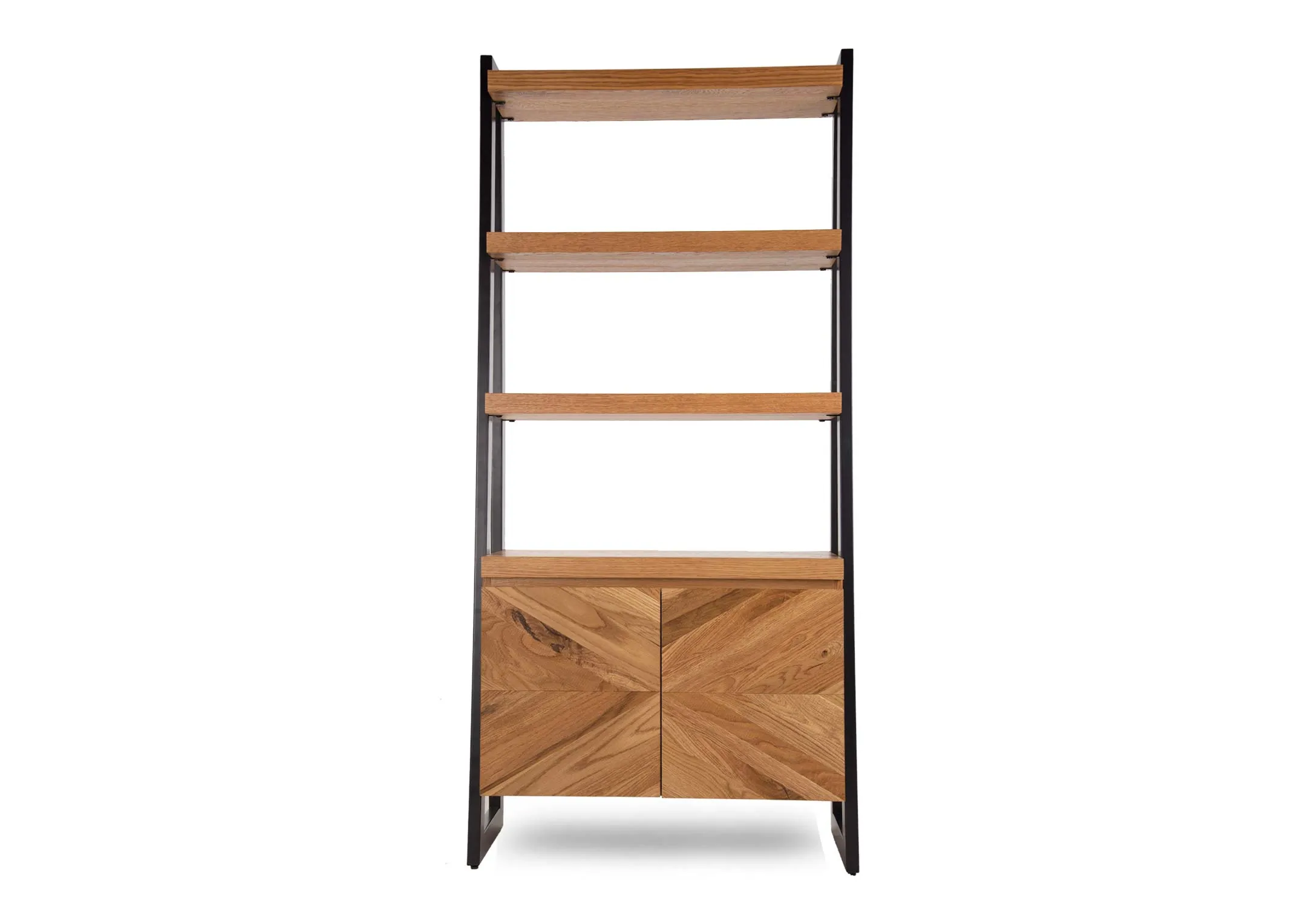 A rustic oak 3 shelf open display unit from EZ Living Furniture's Ellipse range. Front view doors closed shows herringbone de