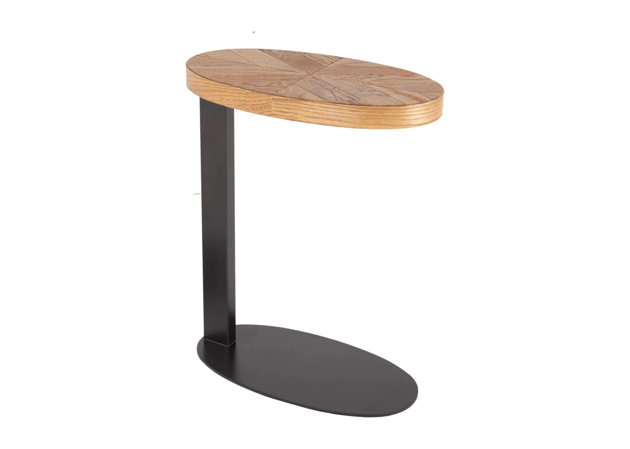 A round rustic oval sofa table from EZ Living Furniture's Ellipse range. Angled view of black frame and base