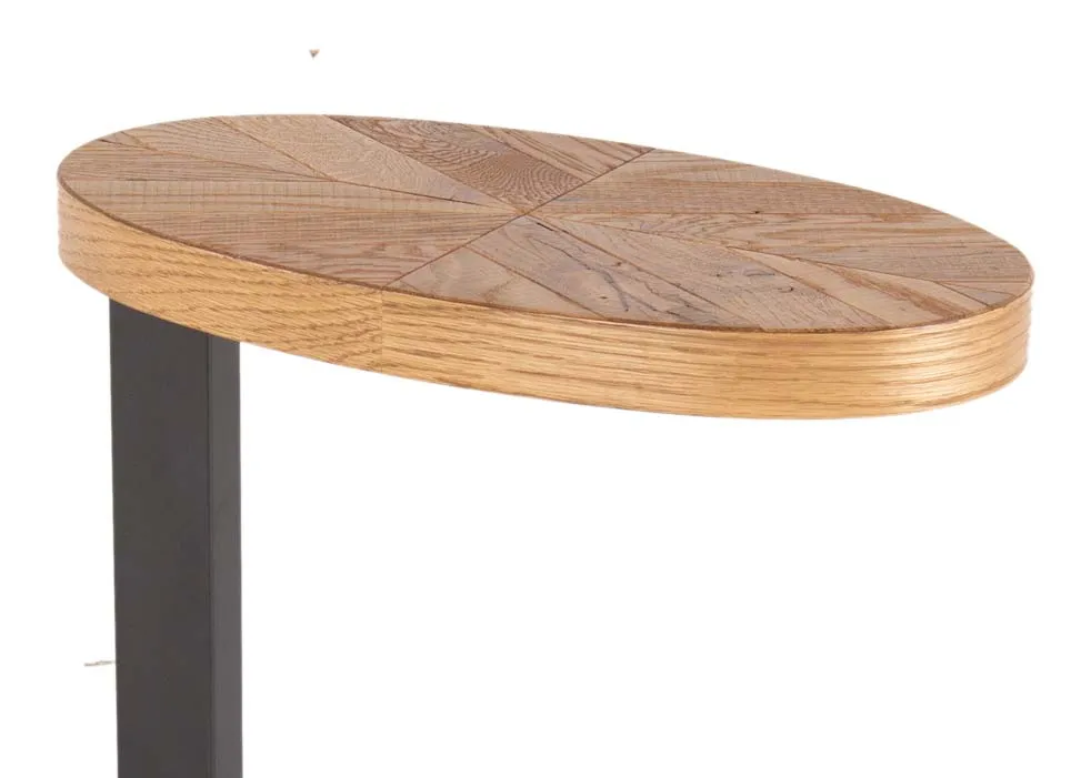 A round rustic oval sofa table from EZ Living Furniture's Ellipse range.Closeup pf herringbone textured top