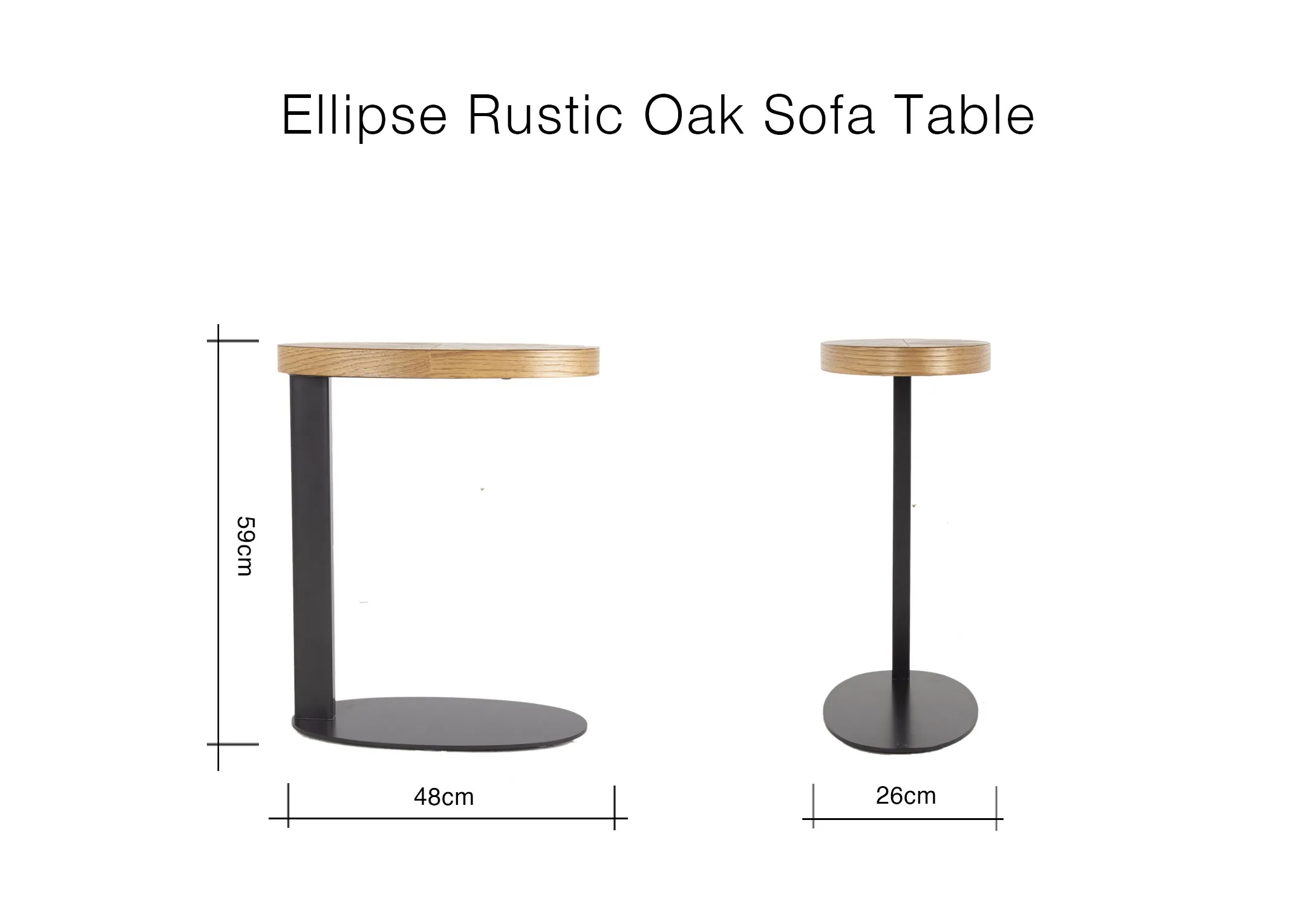A dimension image of the Ellipse sofa table with 48cm (Width) x 59cm (Height) x 24cm(Depth)