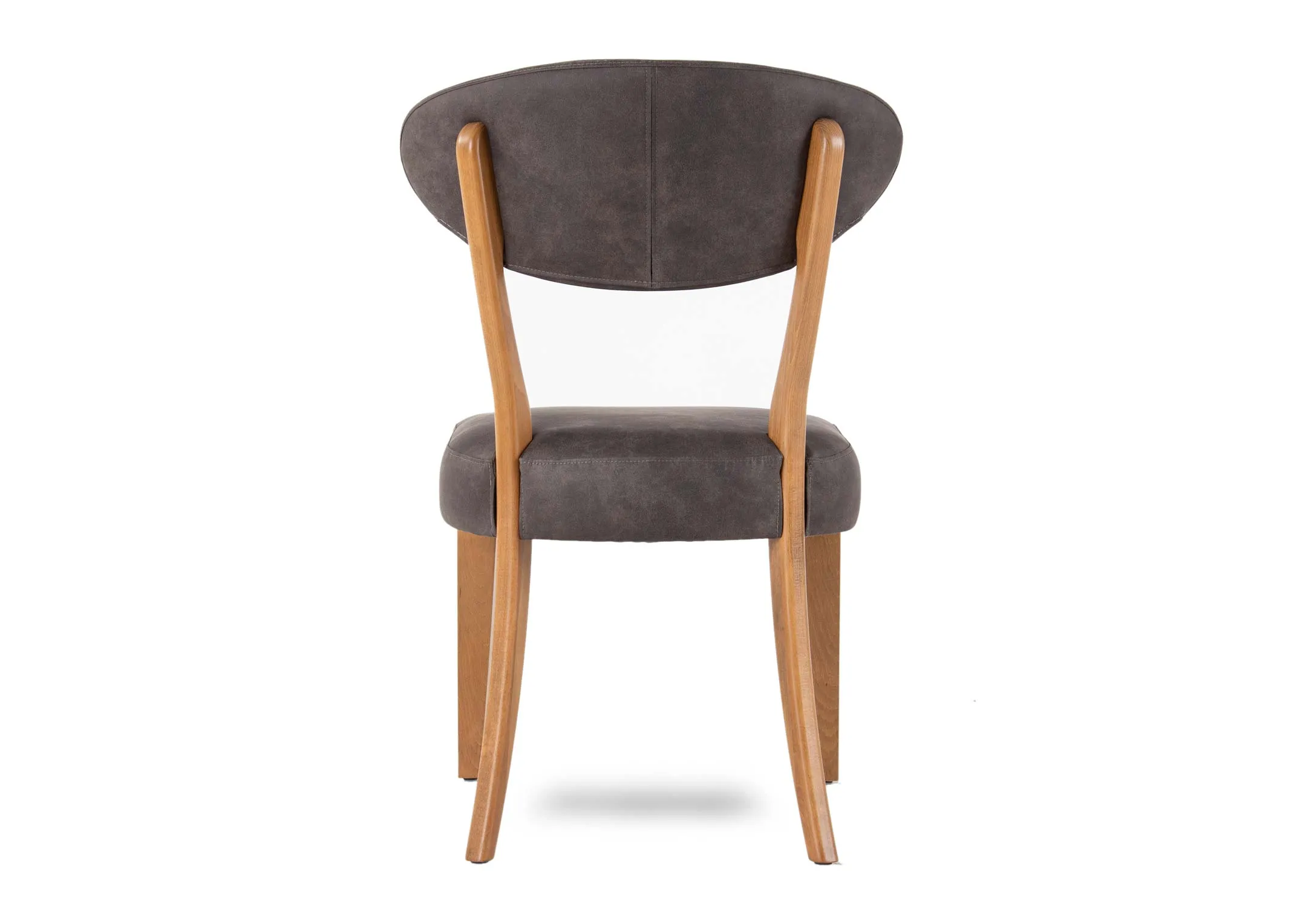 A grey fabric & rustic oak frame dining chair from EZ Living's Margot range. Back view of wood frame