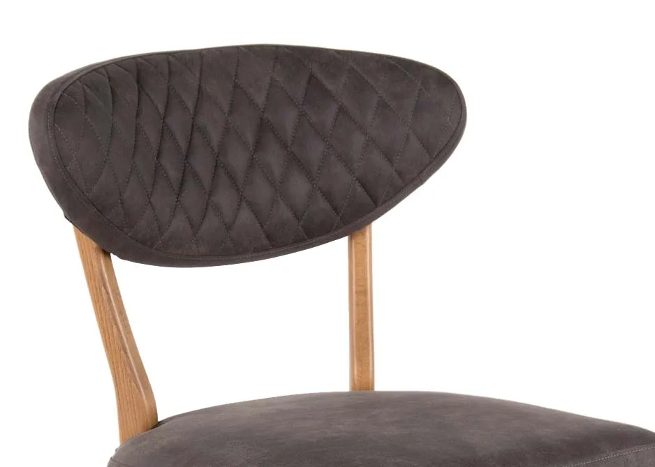 A grey fabric & rustic oak frame dining chair from EZ Living's Margot range. Closeup view of diamond texture fabric