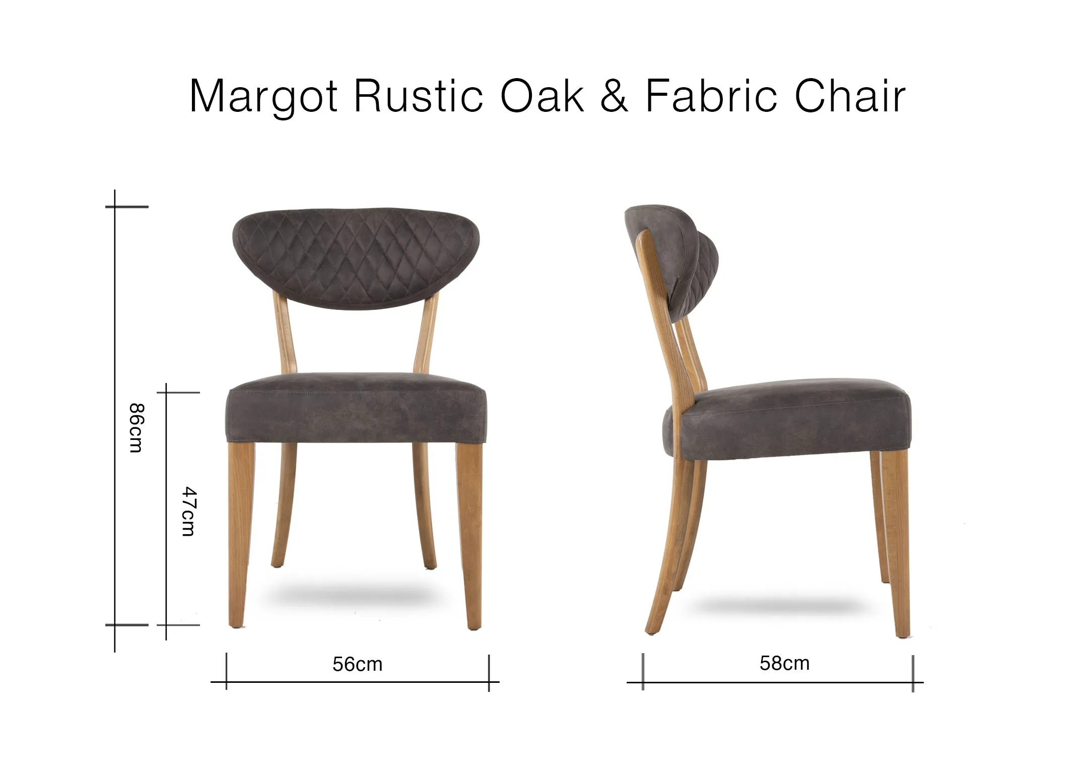 A dimension image Margot Oak & Fabric chair with 56cm (Width) x 86cm (Height) x 58cm (Depth)