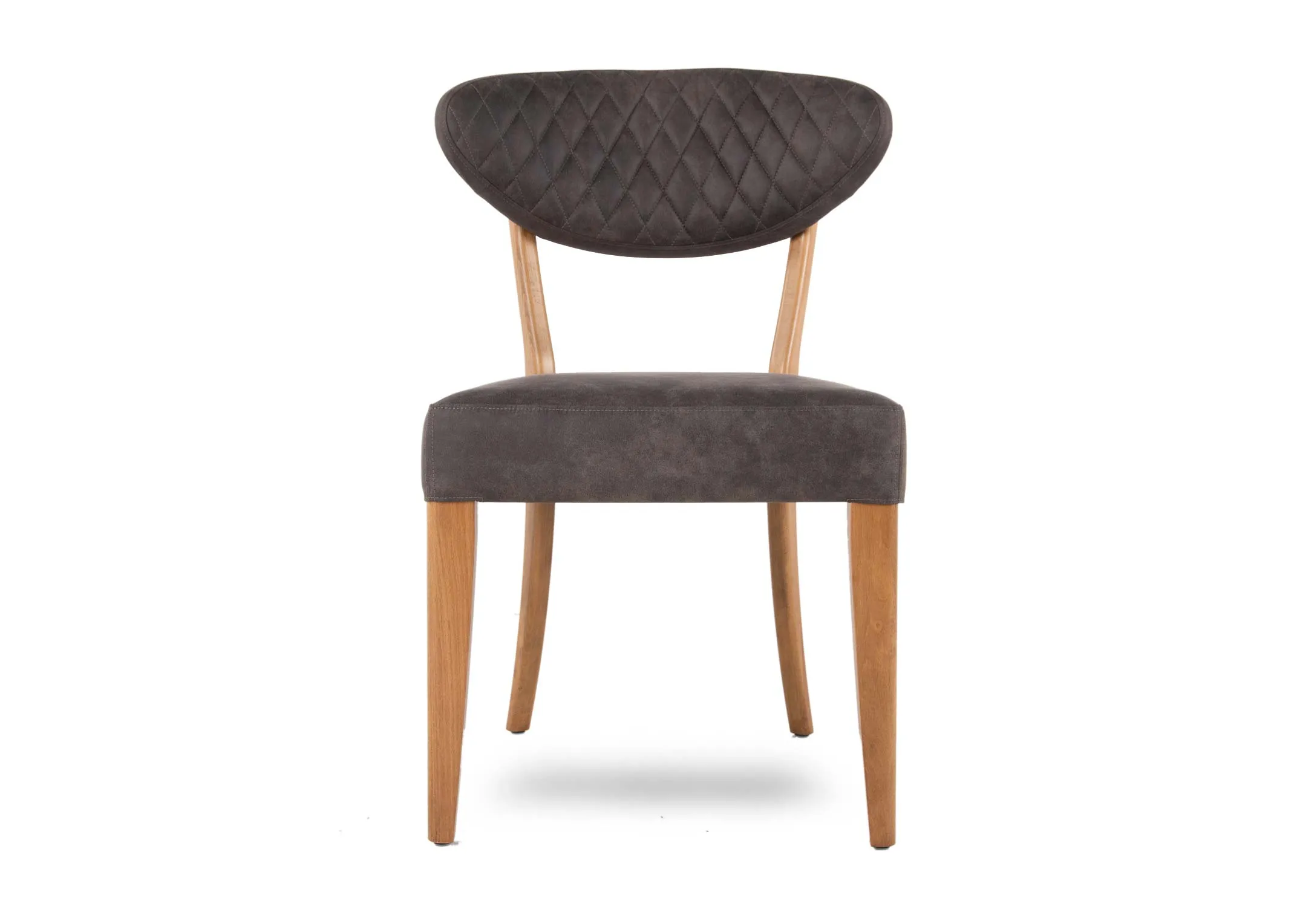 A grey fabric & rustic oak frame dining chair from EZ Living's Margot range. Front view of thick seat cushion
