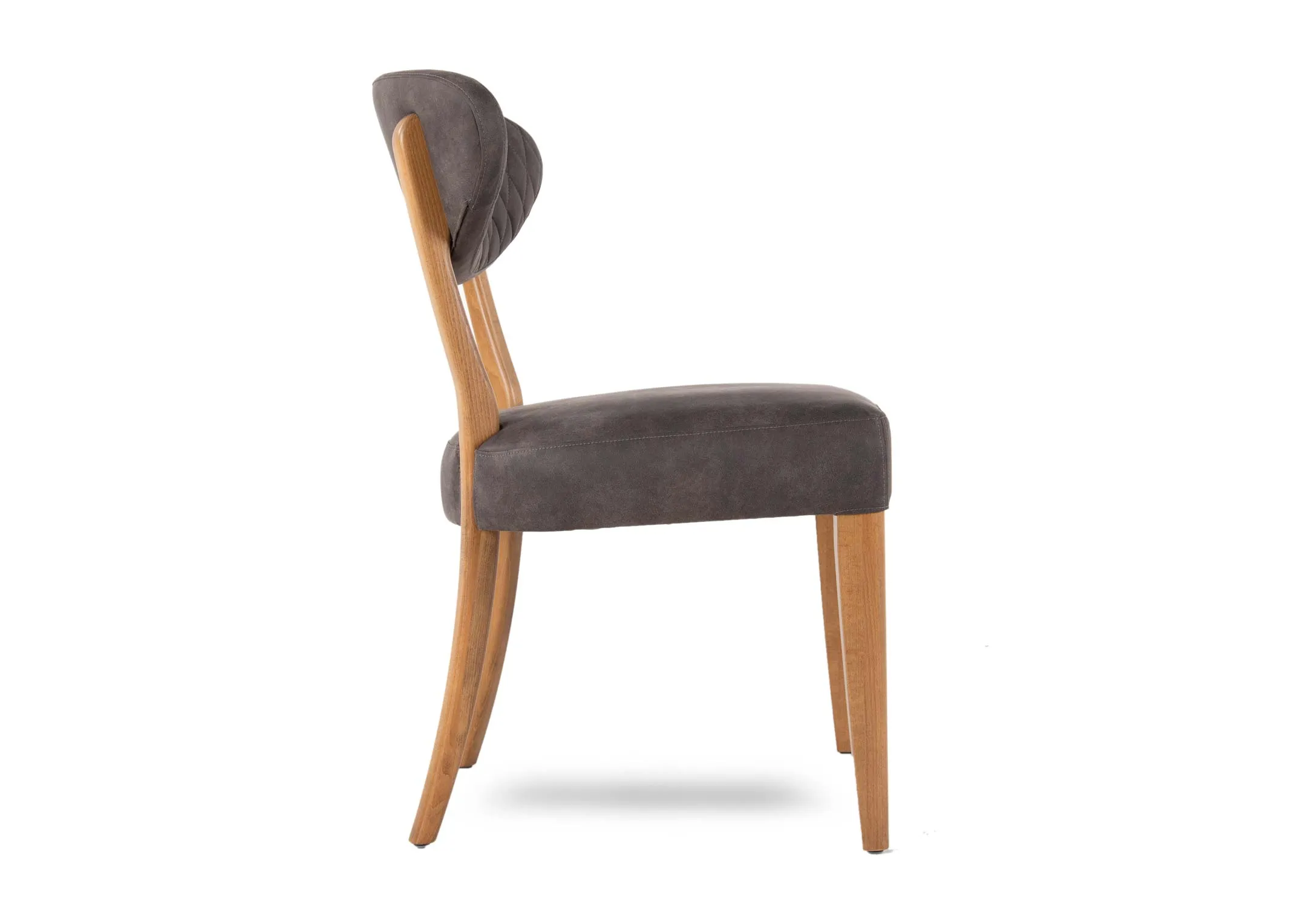 A grey fabric & rustic oak frame dining chair from EZ Living's Margot range. Side view of wood legs