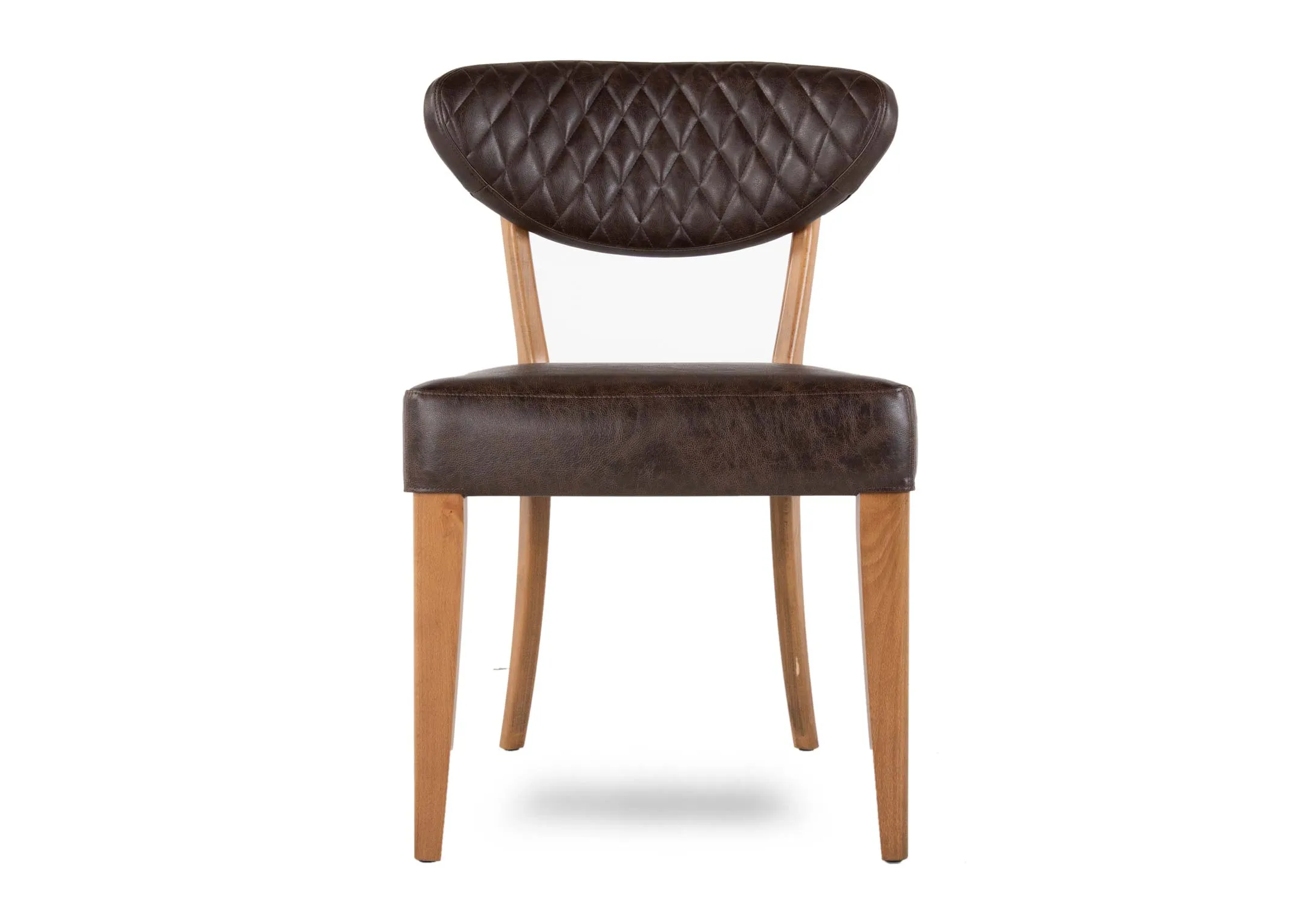 A brown faux leather & rustic oak frame dining chair from EZ Living's Margot range. Front view of thick seat pad coeverd