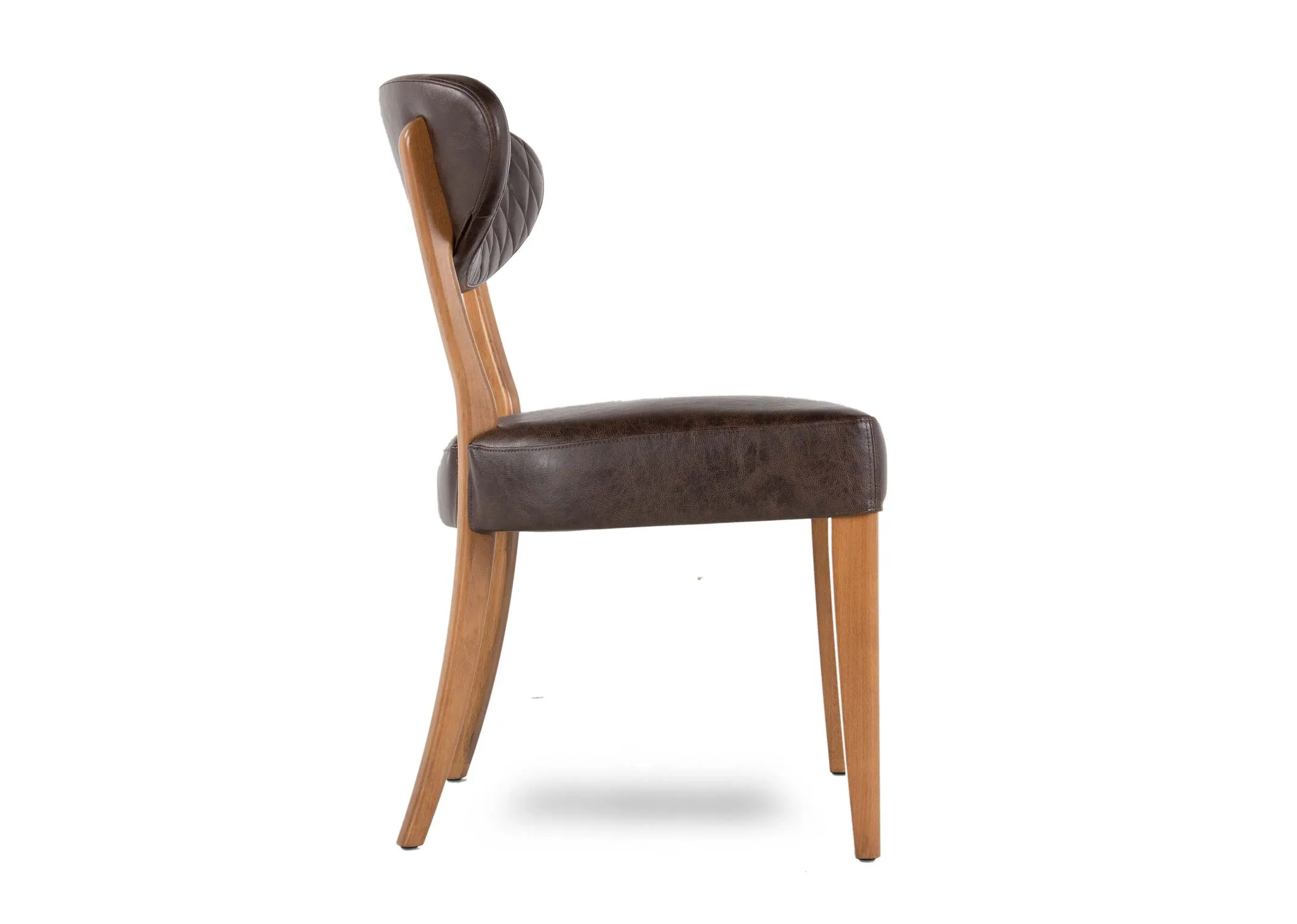 A brown faux leather & rustic oak frame dining chair from EZ Living's Margot range. Side view of wood legs