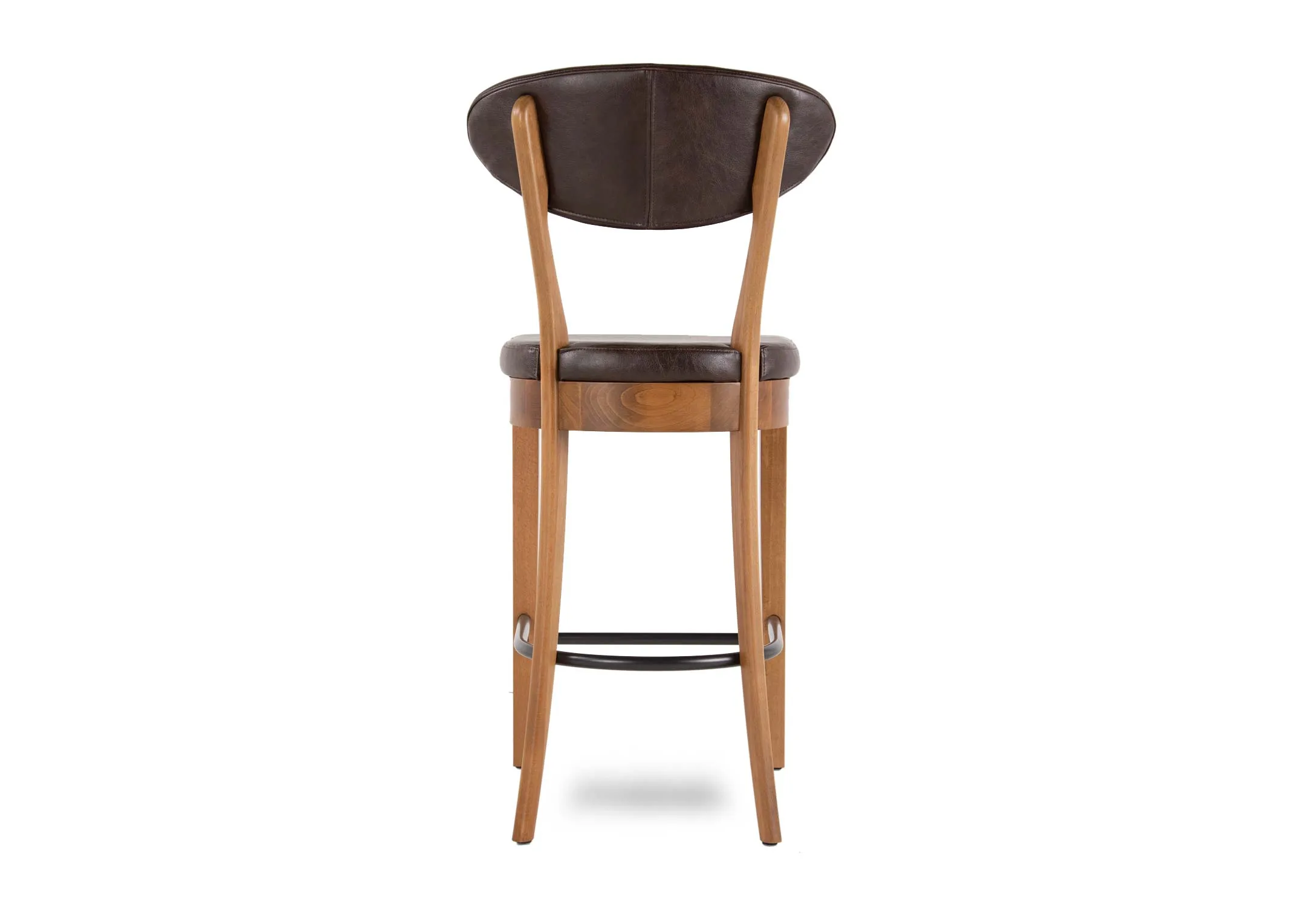 A brown faux leather & rustic oak frame bar stool from EZ Living's Margot range. Back view of covered back rest
