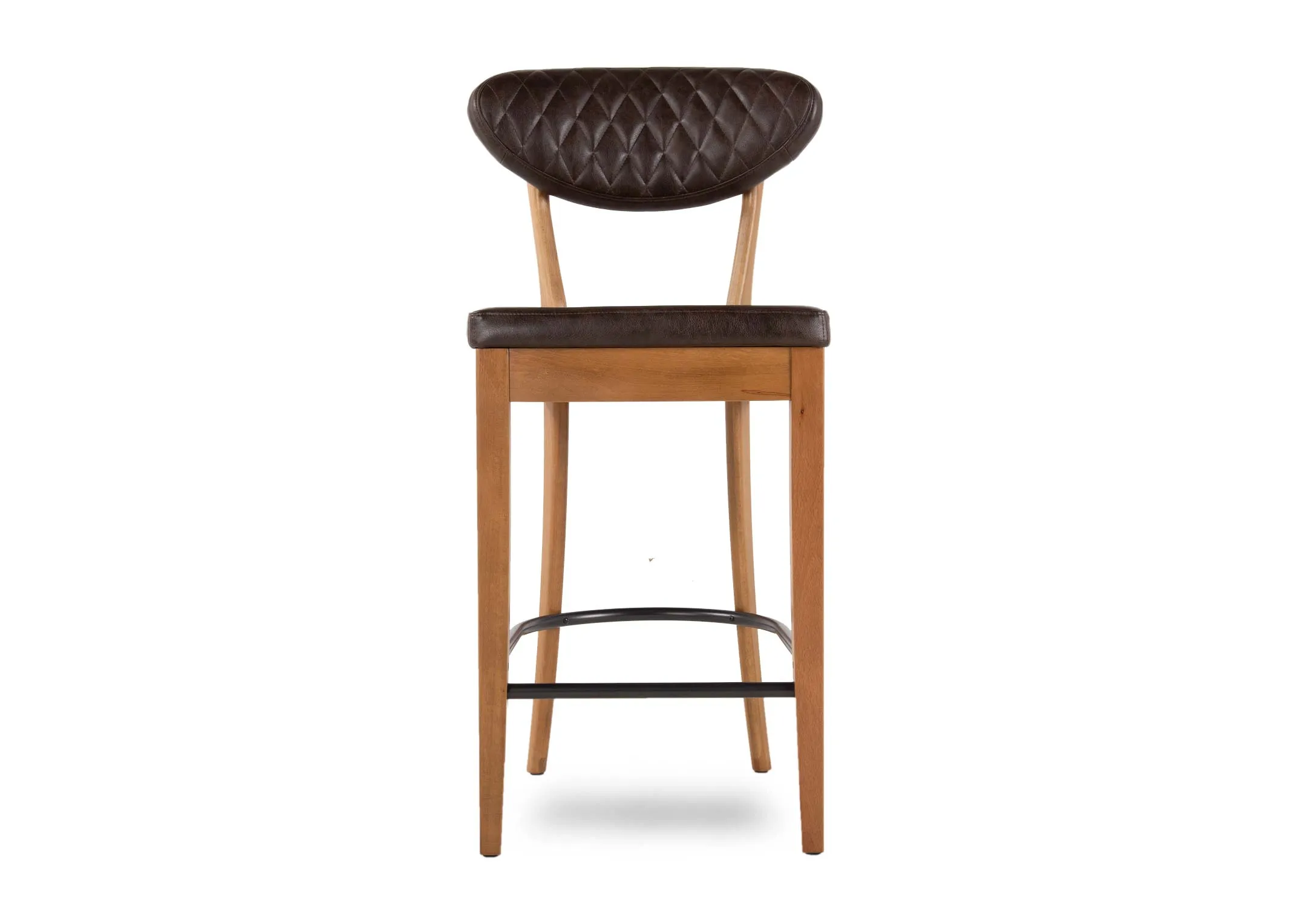 A brown faux leather & rustic oak frame bar stool from EZ Living's Margot range. Front view of diamond texture back rest