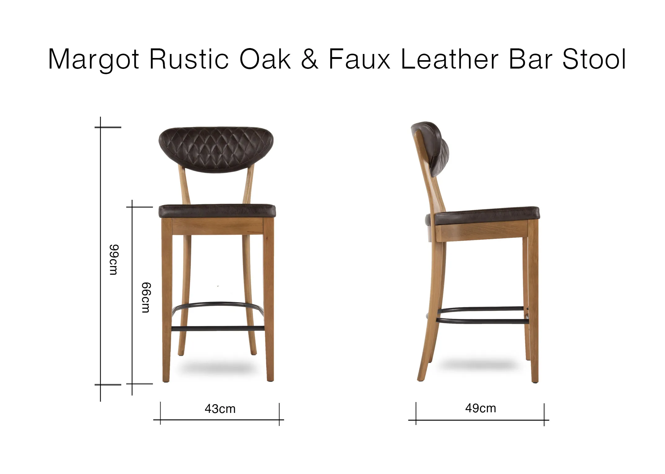 A dimension image of the Margot Oak & Faux Leather stool with 43cm (Width) x 99cm (Height) x 66cm (Seat)
