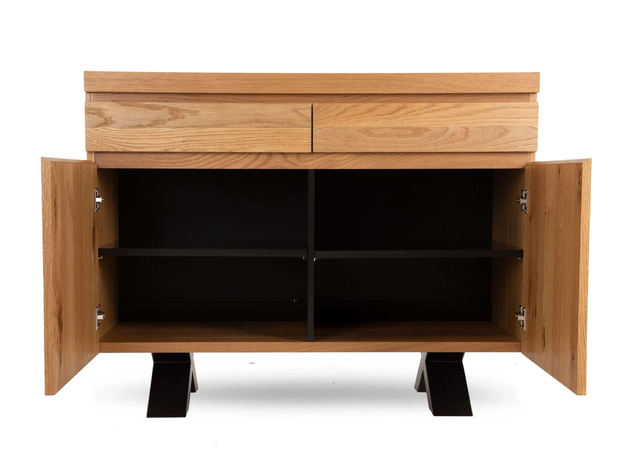 A rustic oak 2 door sideboard from EZ Living Furniture's Ellipse range.Front view with doors open shows hidden storage
