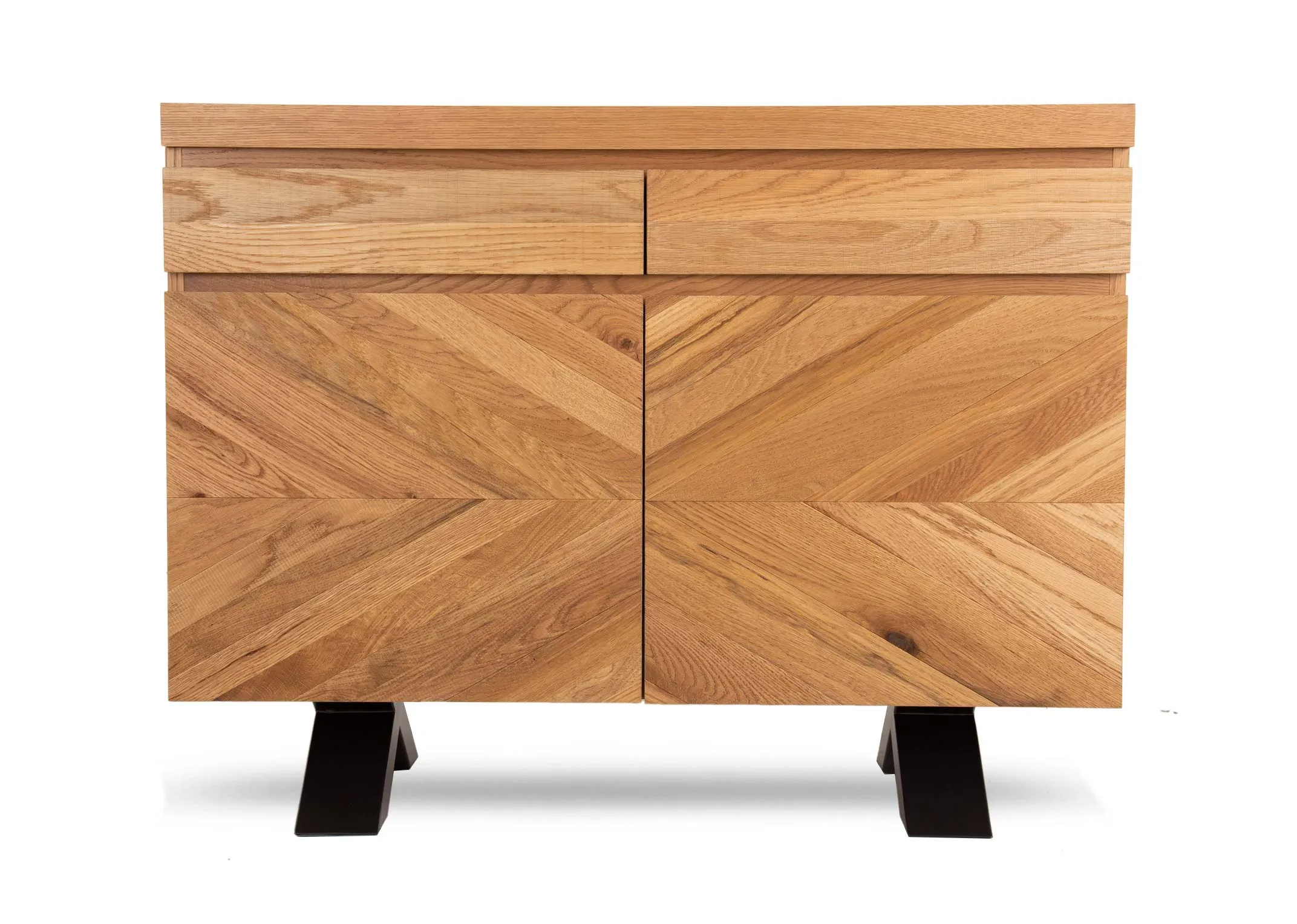 A rustic oak 2 door sideboard from EZ Living Furniture's Ellipse range.Front view shows herringbone design