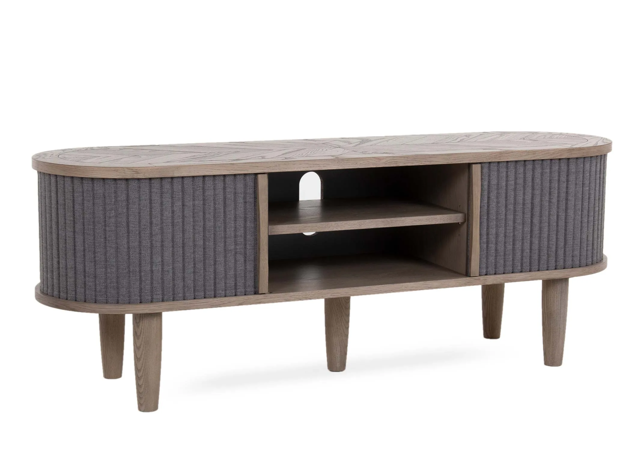 A grey ash 2 door and 2 shelf tv unit from EZ Living Furniture's Monroe range. Angled view of pleated door fronts